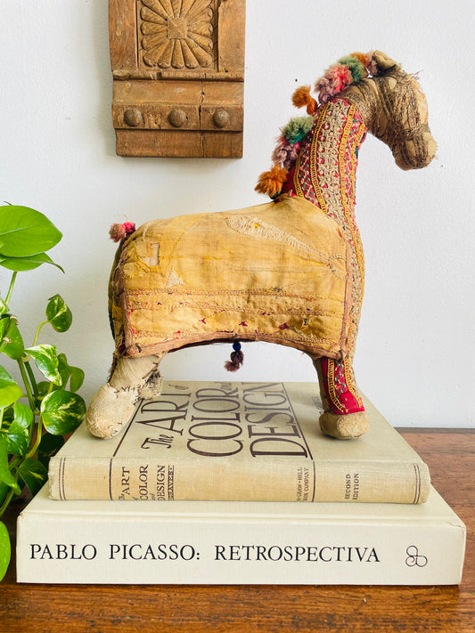 Vintage Indian Rajasthani Fabric 12” Tall Horse Folk Art Statue Sculpture - Embroidered Patchwork with Tassels, Mirrors & Glass Beads