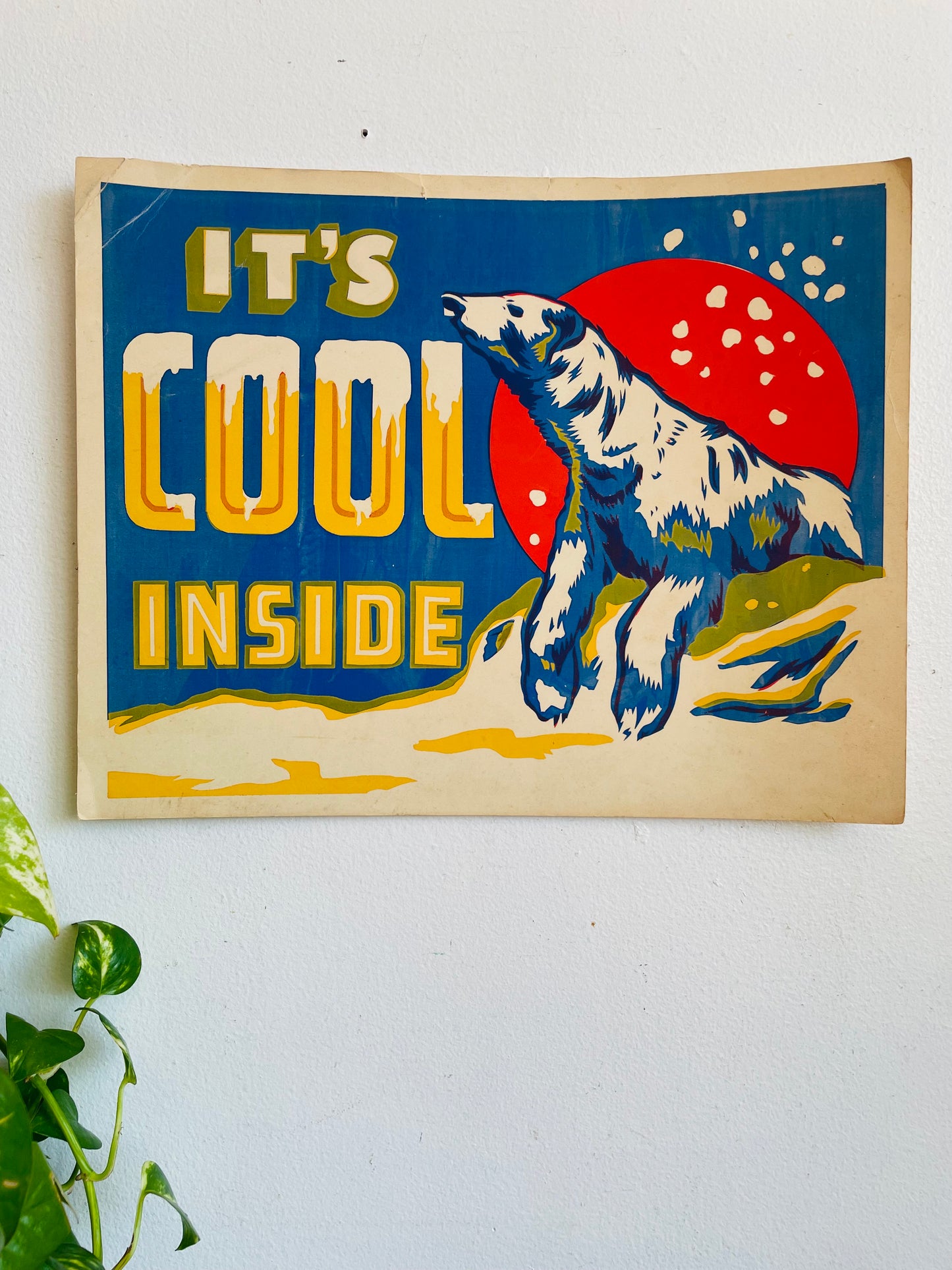 Vintage It's Cool Inside Shop Window Advertising Marketing Sign - Polar Bear with Snow - From When Air Conditioning Was a New Novelty in Shops