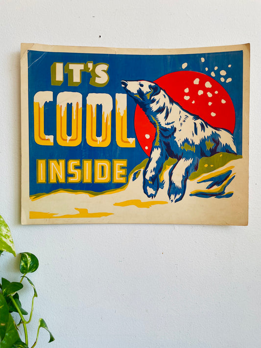 Vintage It's Cool Inside Shop Window Advertising Marketing Sign - Polar Bear with Snow - From When Air Conditioning Was a New Novelty in Shops