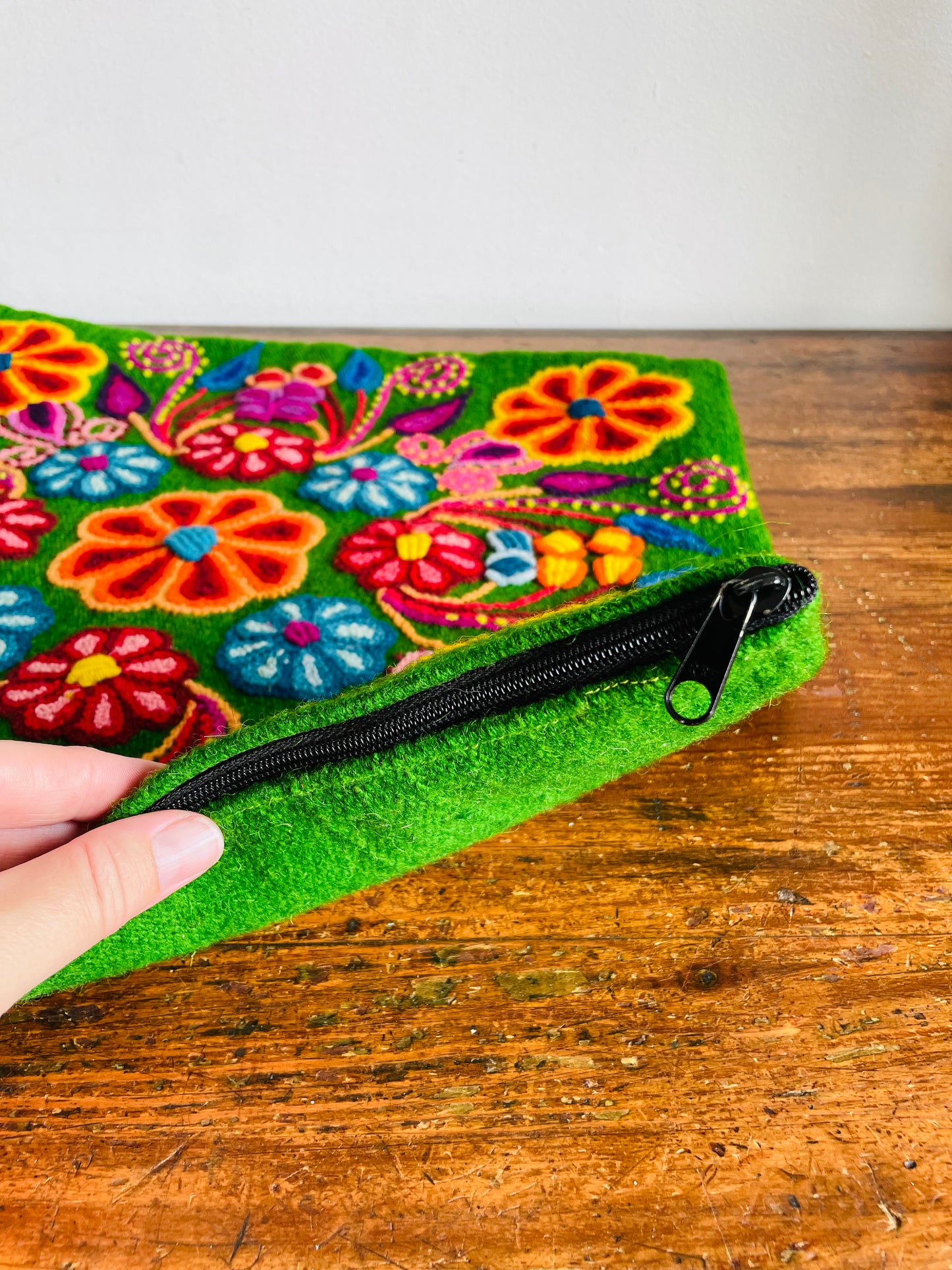 Vintage Green Zippered Wool Pillowcase Throw Pillow Cushion Cover with Fun & Bright Embroidered Folk Art Flower Design - Whimsical Decor