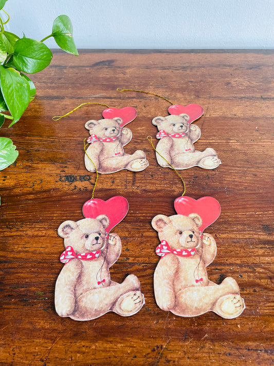 Adorable Cardboard Tags with Teddy Bears with Heart Bows Holding Heart Balloons - Made in Taiwan - Set of 4