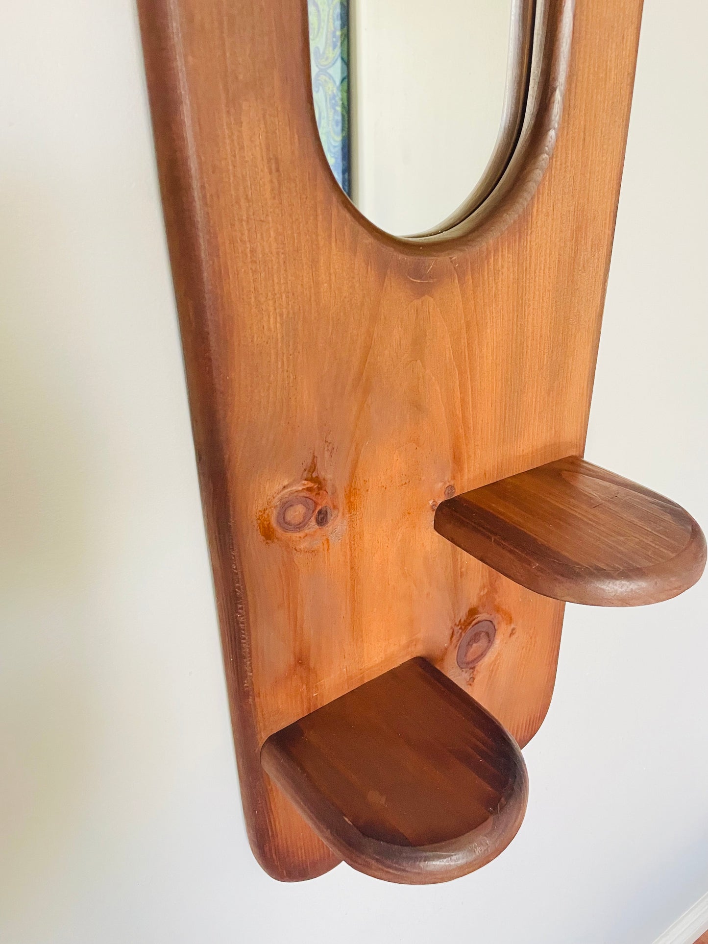 Vintage Organic Wavy Shaped Wood Mirror with Two Shelf Ledges - 3.5 Feet Long - No Shipping