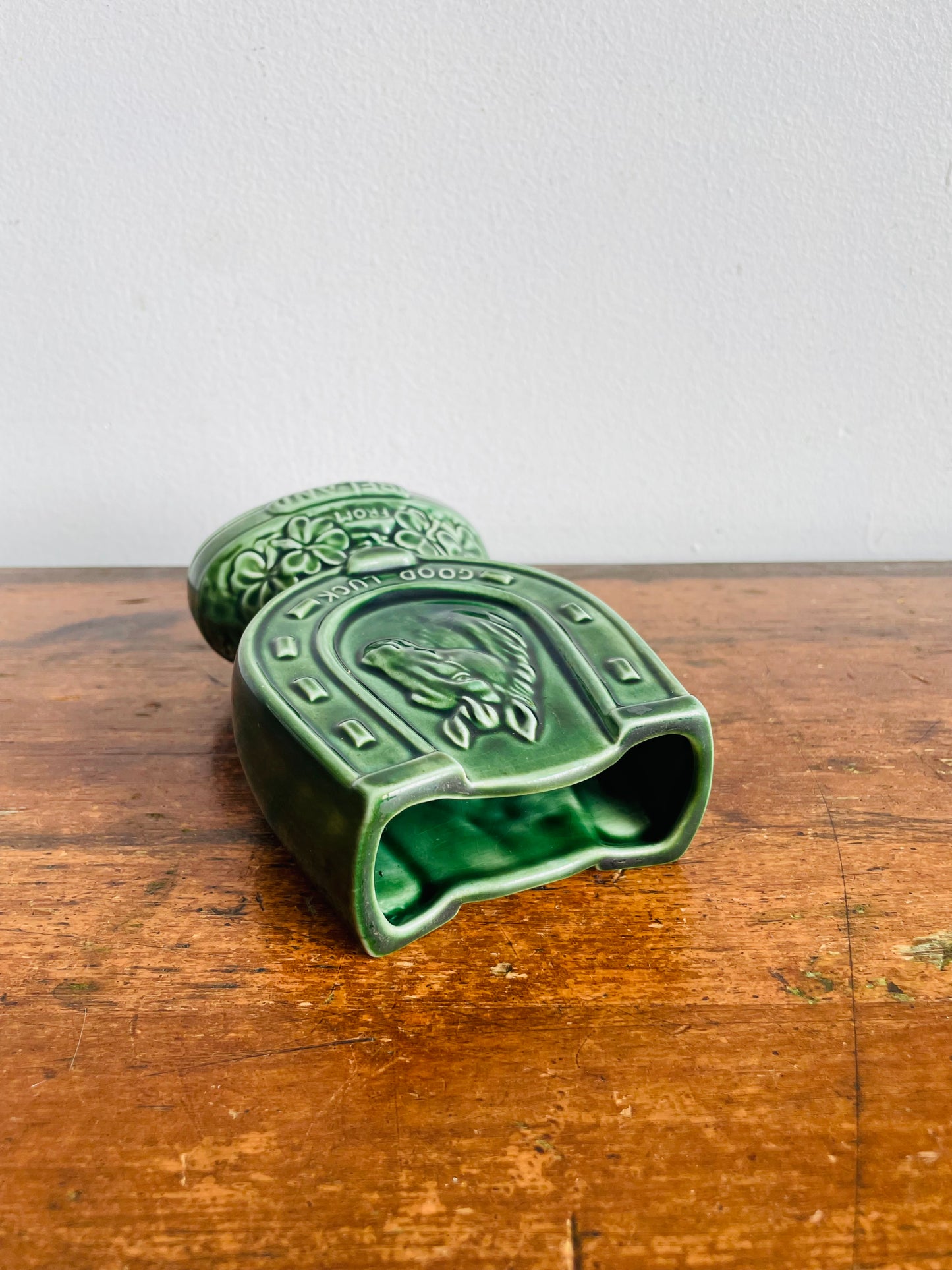 Vintage Green Sylvac 4110 Good Luck From Ireland Vase, Match, or Incense Holder with Horseshoe Horse Equestrian Design #2 - Made in England