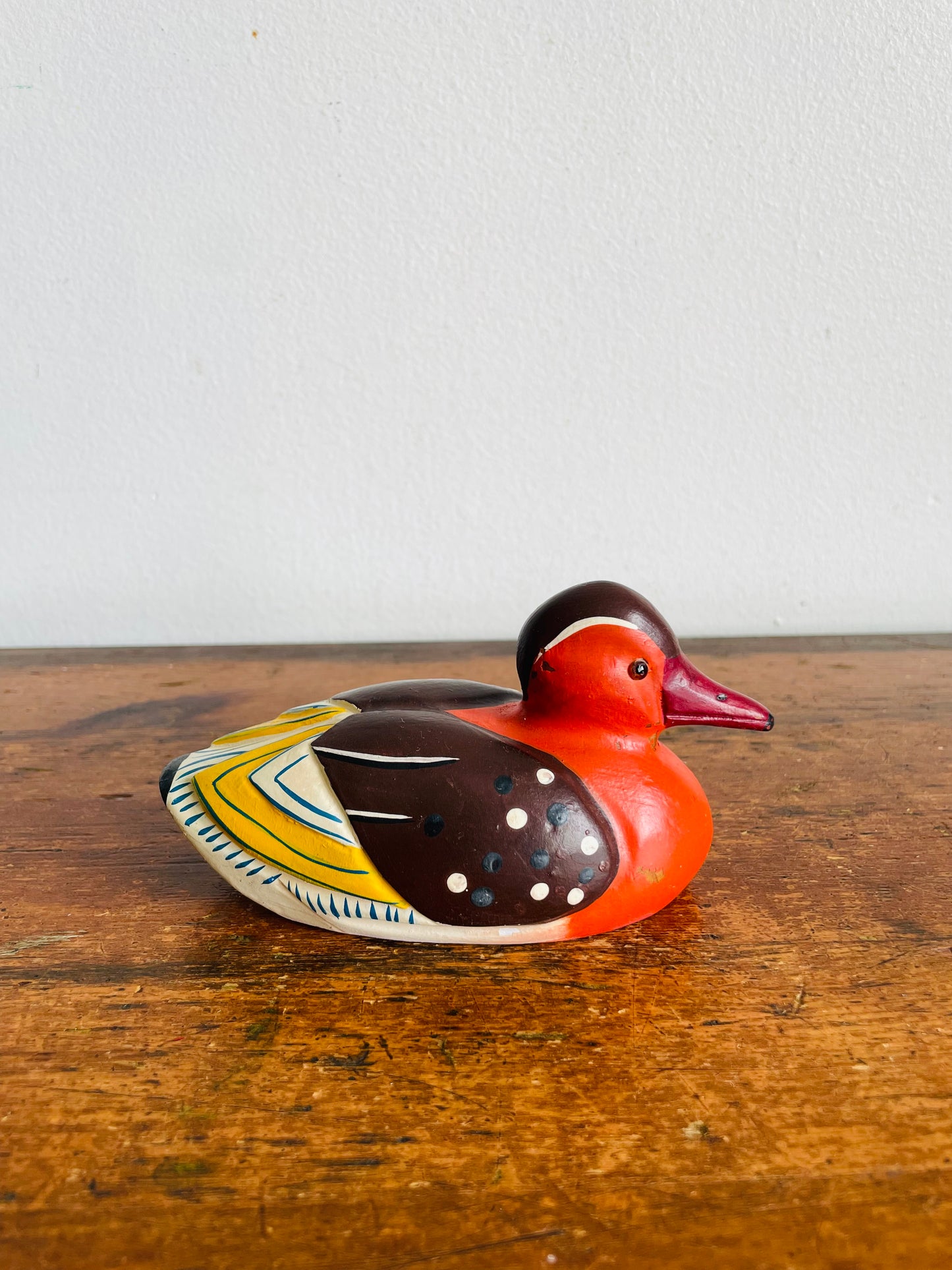 Vintage Small Wood Decoy Duck Figurine with Brightly Coloured Hand Painted Design