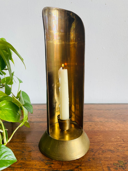 Vintage Brass Candle Holder Reflector Sconce - Handle on Back - Can Stand or Hang on Wall - Made in India