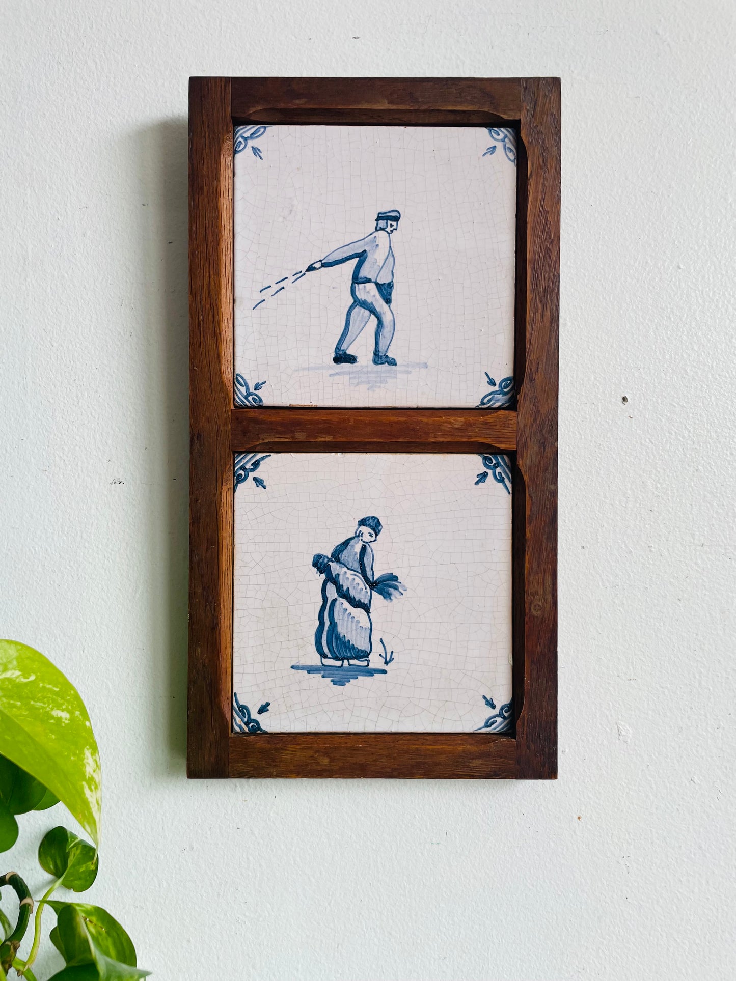 Vintage Framed in Wood Dutch Tiles with Blue & White Farming / Farmer Scenes