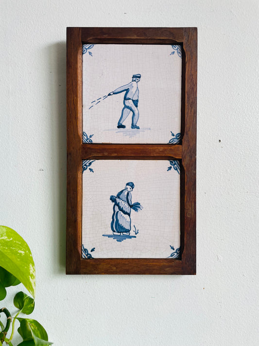 Vintage Framed in Wood Dutch Tiles with Blue & White Farming / Farmer Scenes
