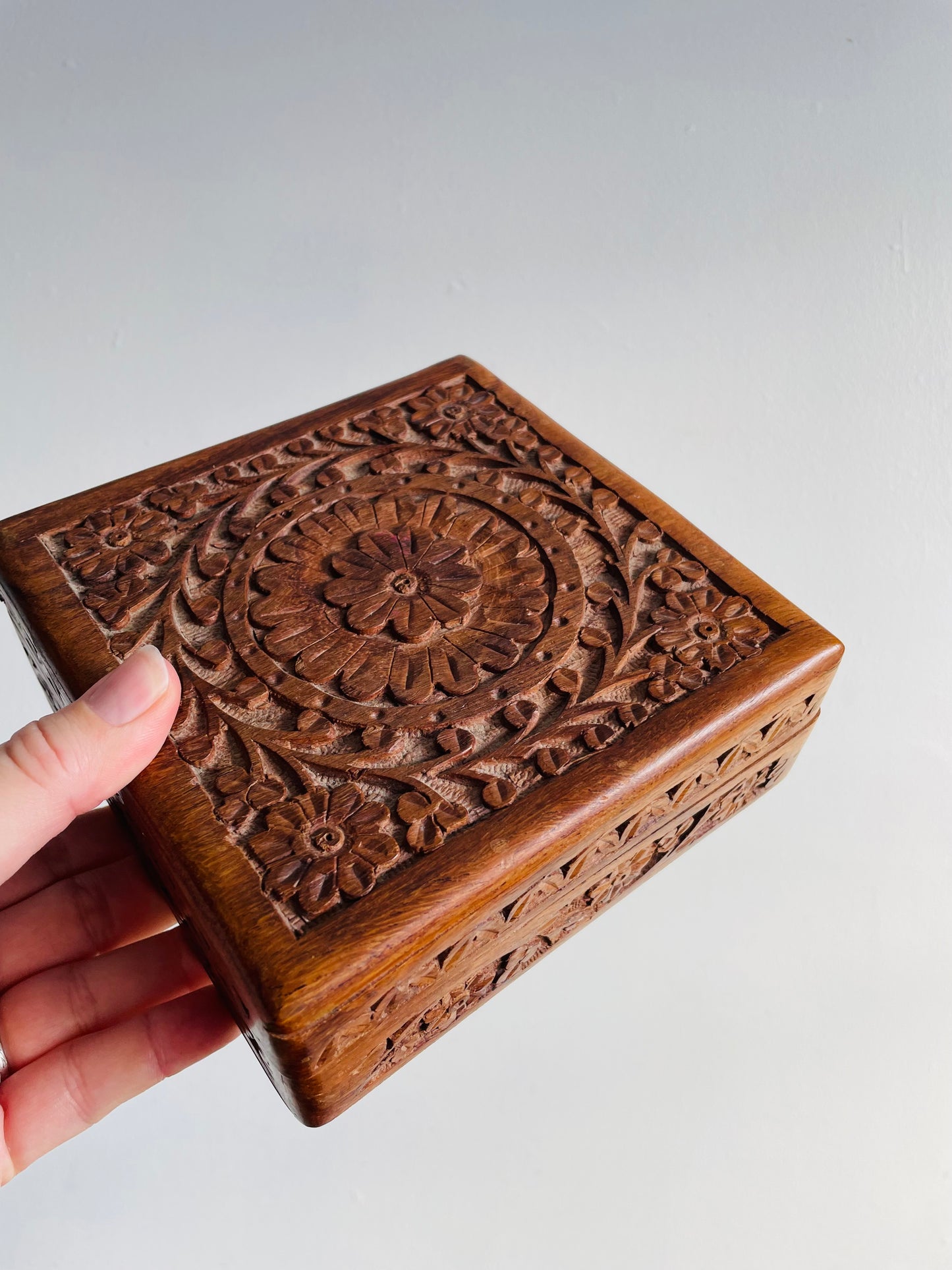 Square Indian Rosewood Box with Hinged Lid & Ornate Carved Flower Design