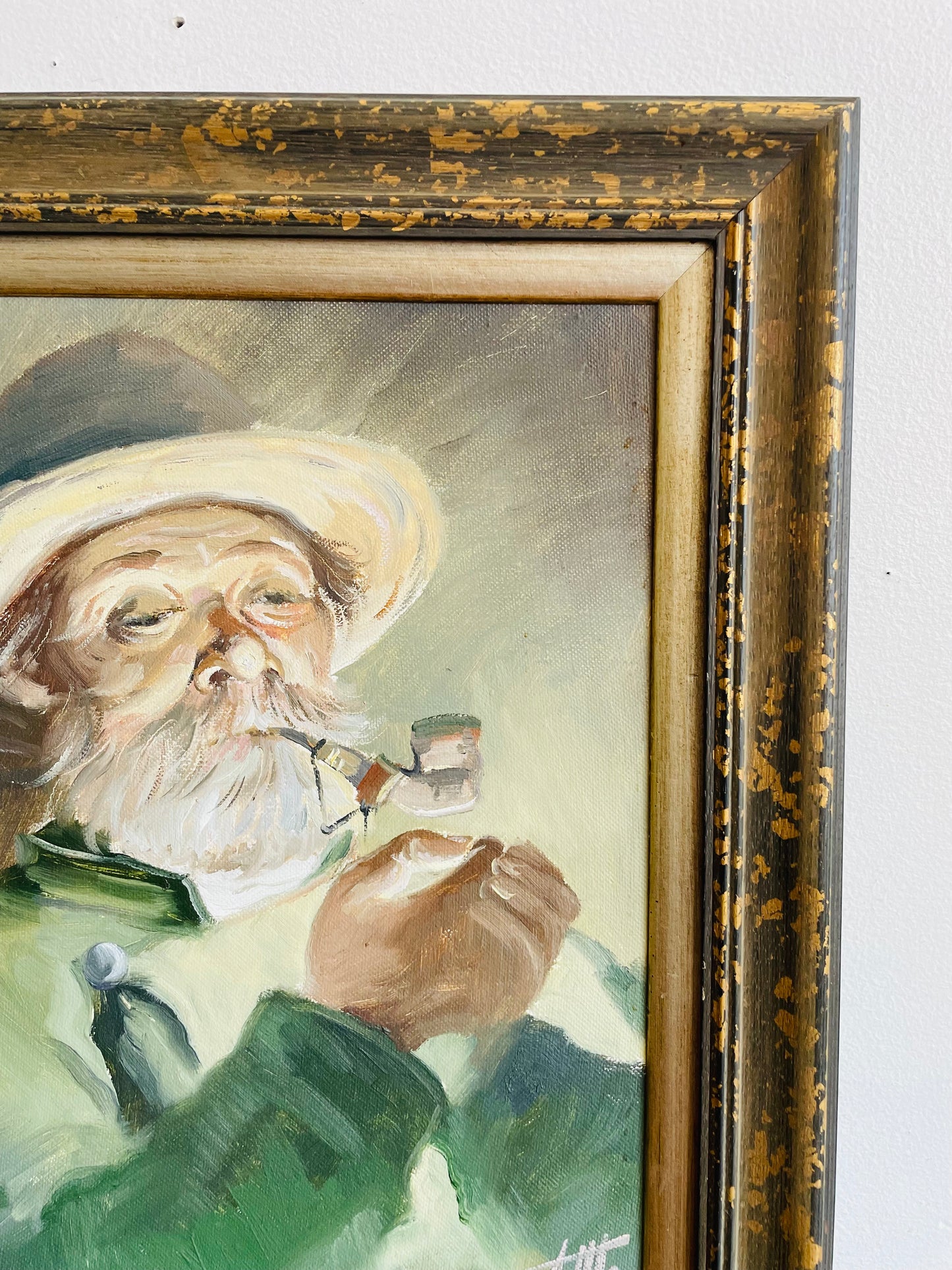Vintage 2005 Original Art Painting Picture of Old Man Lighting a Pipe - Artist Signed
