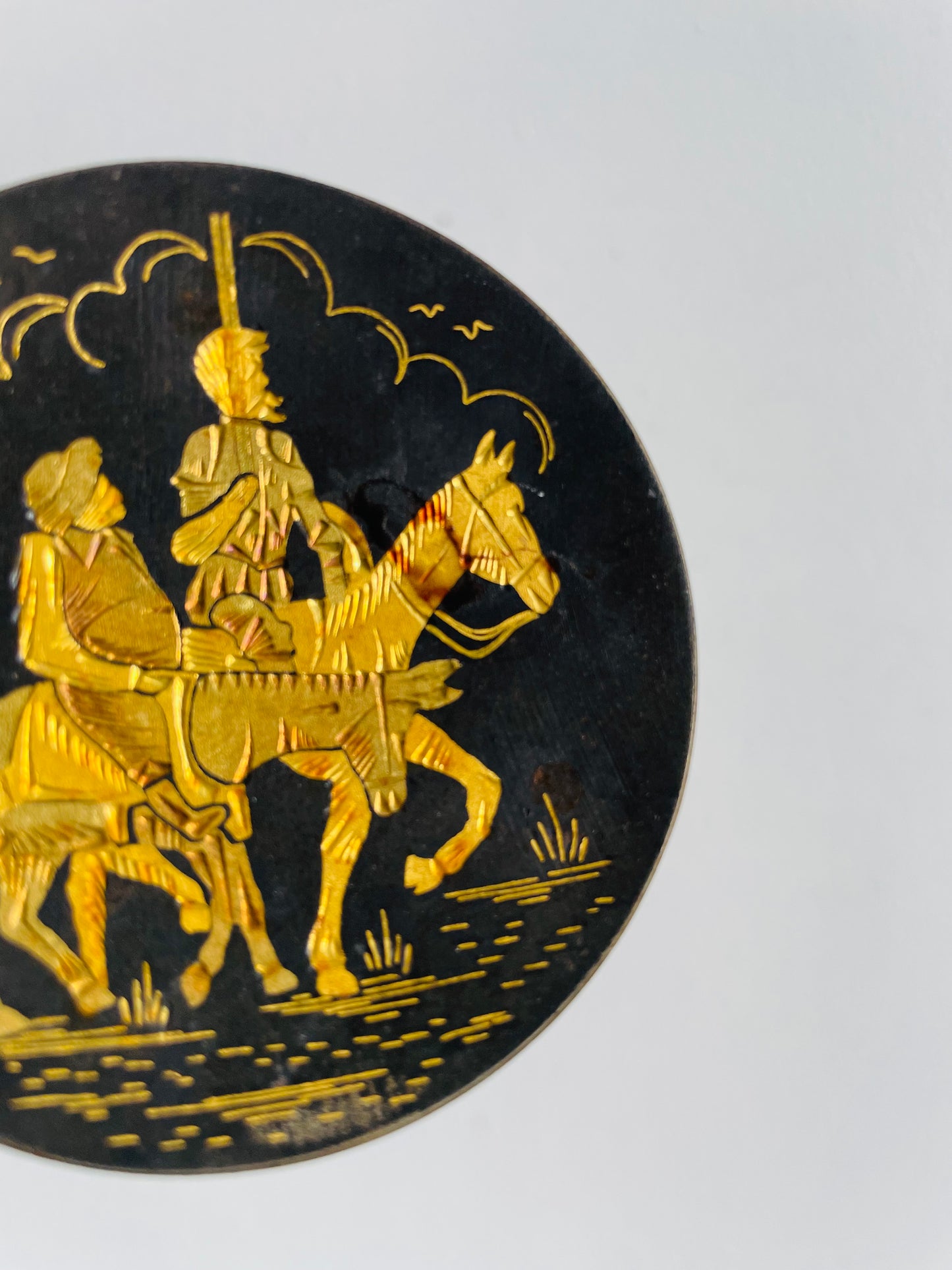 Spanish Damascene Gold Footed Dish Plate with Don Quixote & Sancho Panza Design