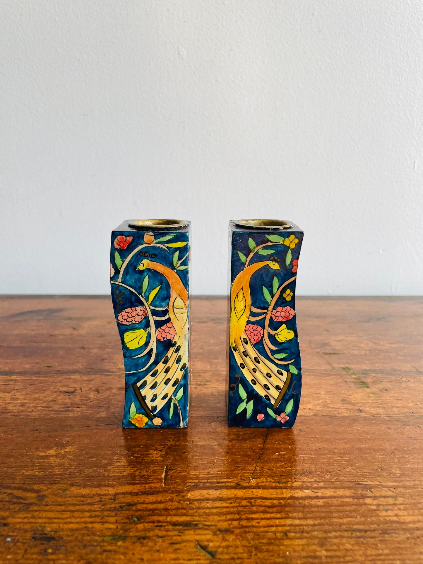 Israeli Lacquered Wood Wavy Candle Holders with Hand Painted Peacock, Lion, Deer, Bird & Flower Design - Yair Emanuel Shabbat Candles