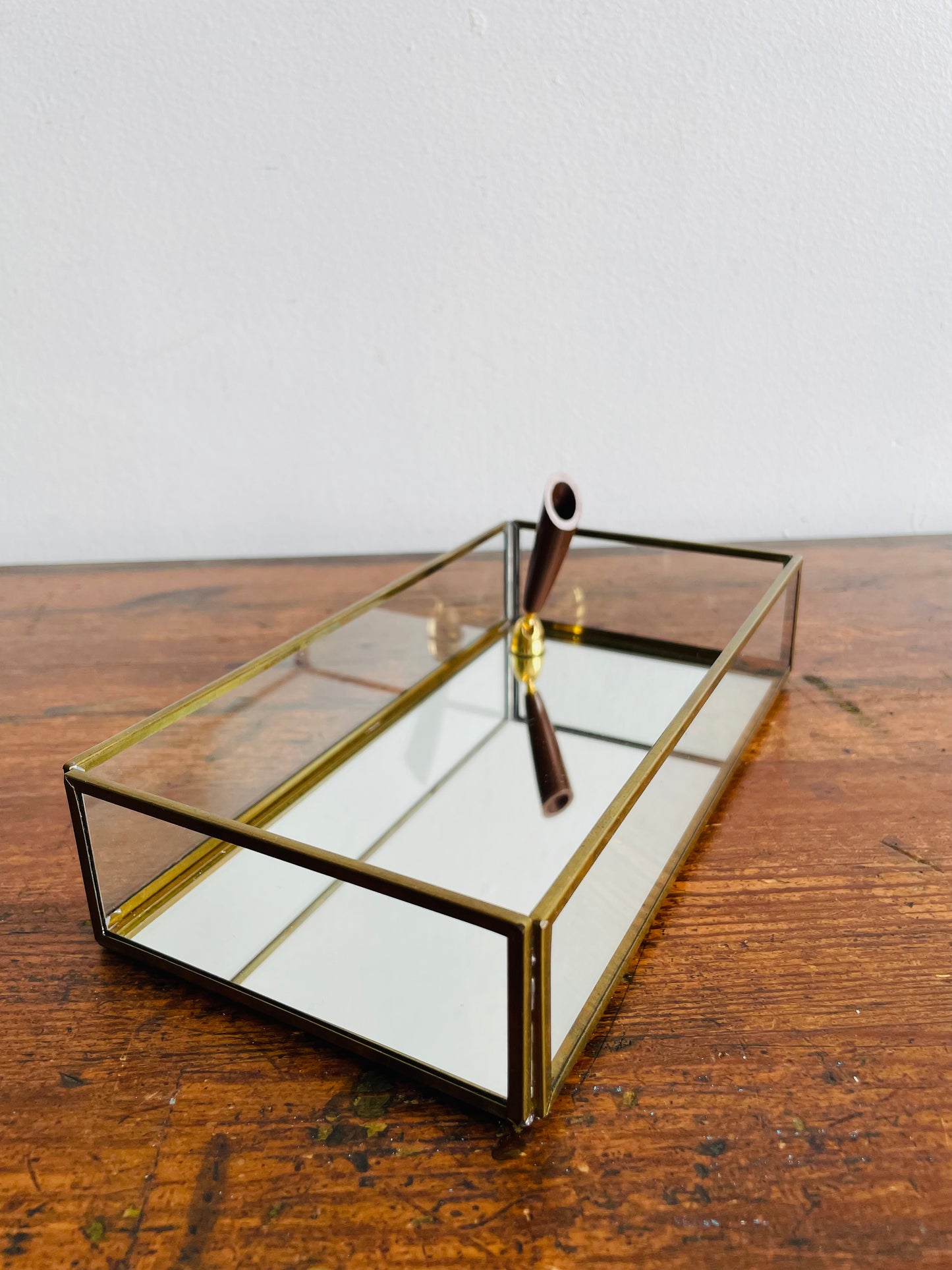 Brass Mirrored Box with Pen Holder - Great for Business Cards, Office Supplies, Etc.