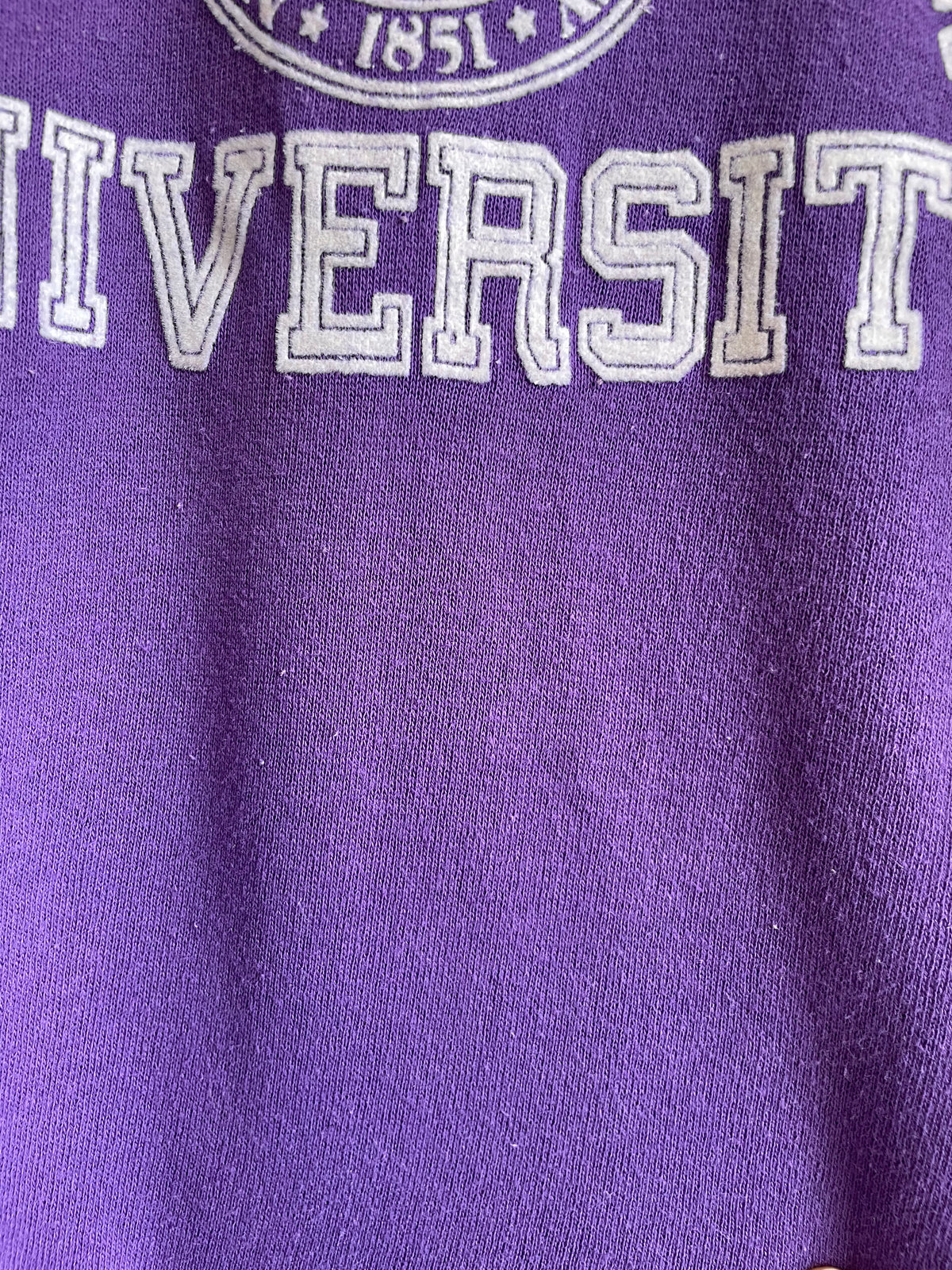 Vintage 1980s Northwestern University Champion Brand Purple Crewneck Sweatshirt with White Velvet Raised Logo - Evanston Illinois - Size XL - Made in USA