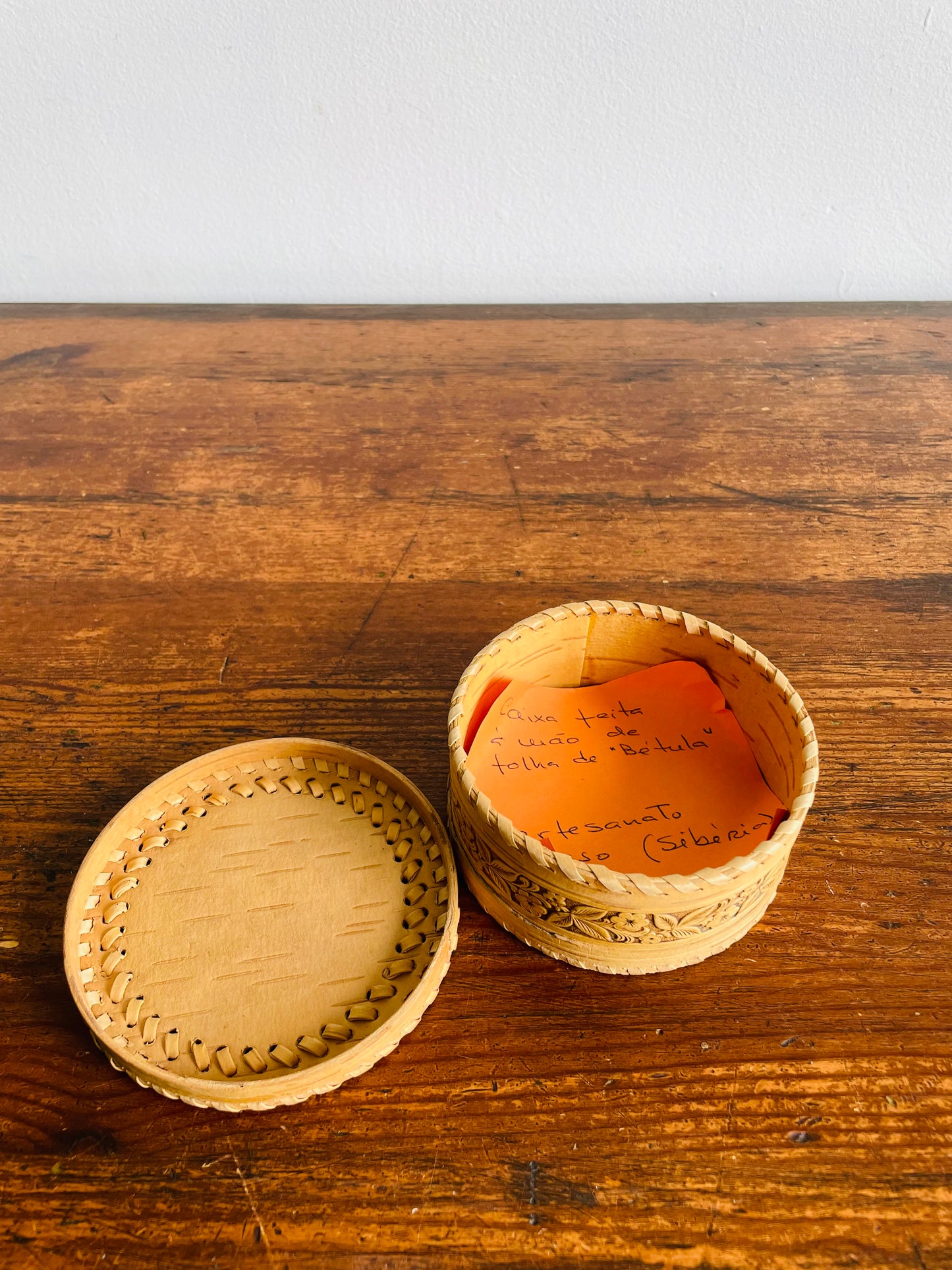 Handmade Round Birch Bark Trinket Box with Lid & Carved Botanical Designs - Found in Lisbon, Portugal