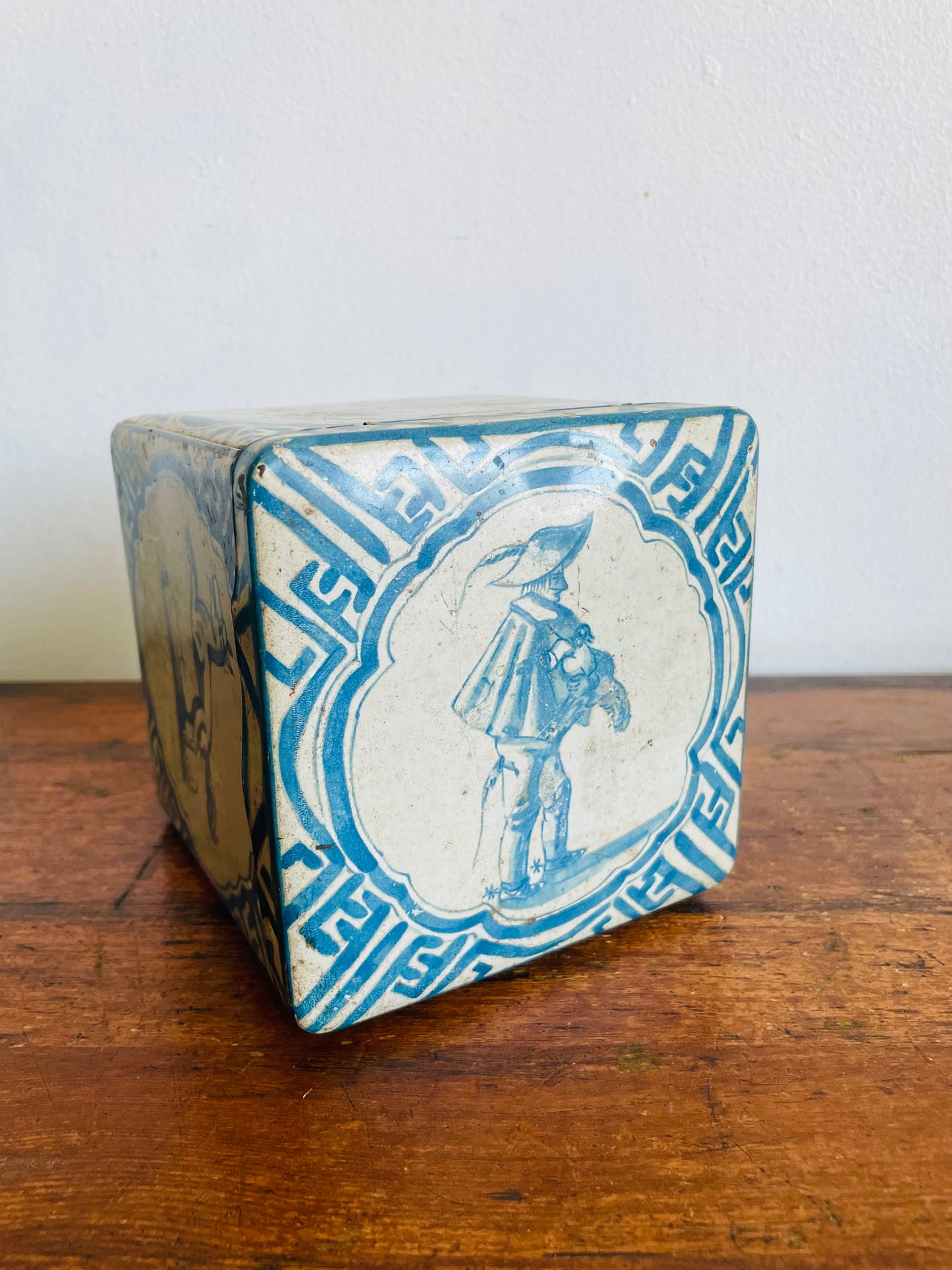 Vintage 1920s Blue & White Delft Tin with Dutch Fox, Rabbit, Dog & Man Design