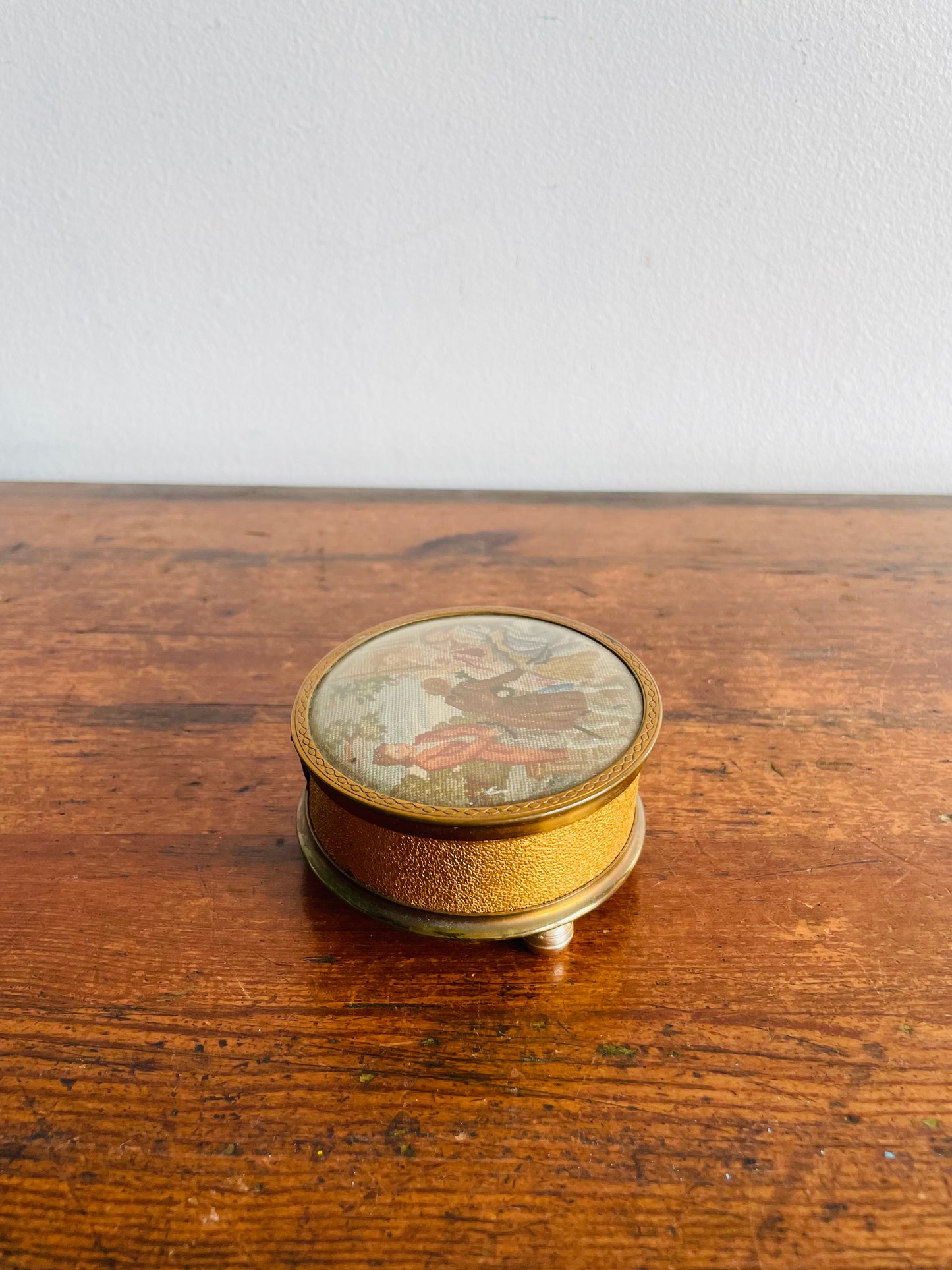 Footed Petit Point Embroidery Round Brass Trinket or Jewellery Box with Mirror Inside