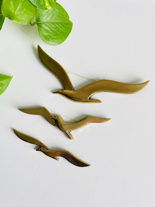 Vintage Trio of Miniature Brass Seagulls in Flight Wall Hanging Decor - Set of 3