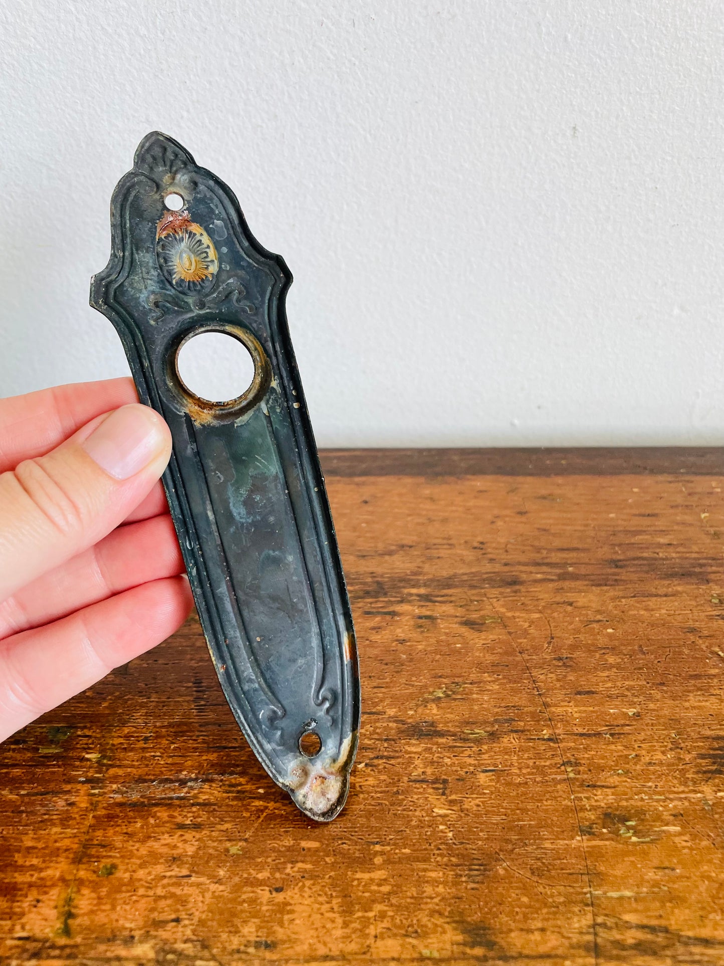 Antique Early 1900s "Landsdowne" Metal Escutcheon Doorplate by Sargent with Lighter Patina - Architectural Salvage - As Found