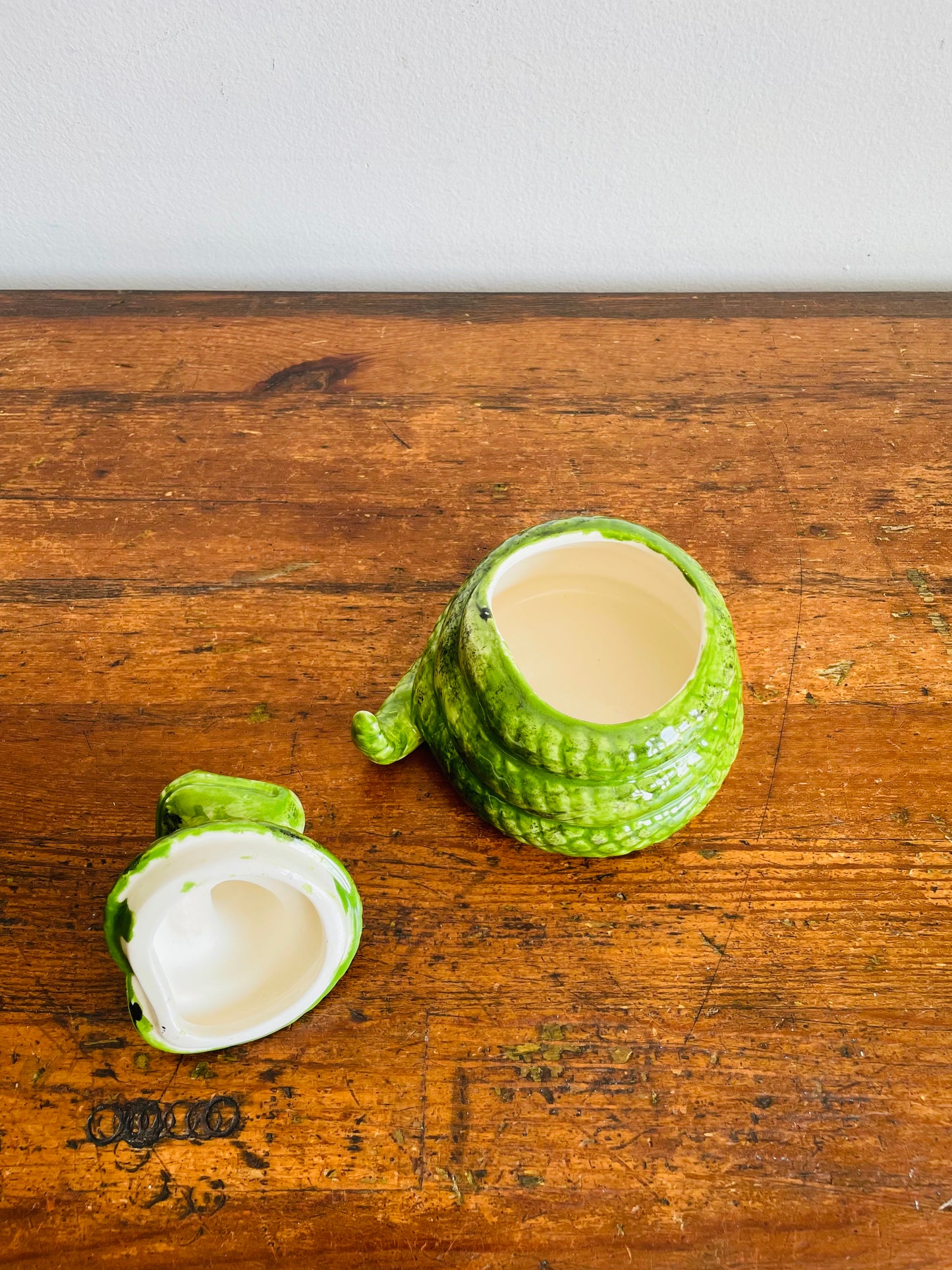 Adorable Hand Painted Green Ceramic Coiled Snake Jar with Lid