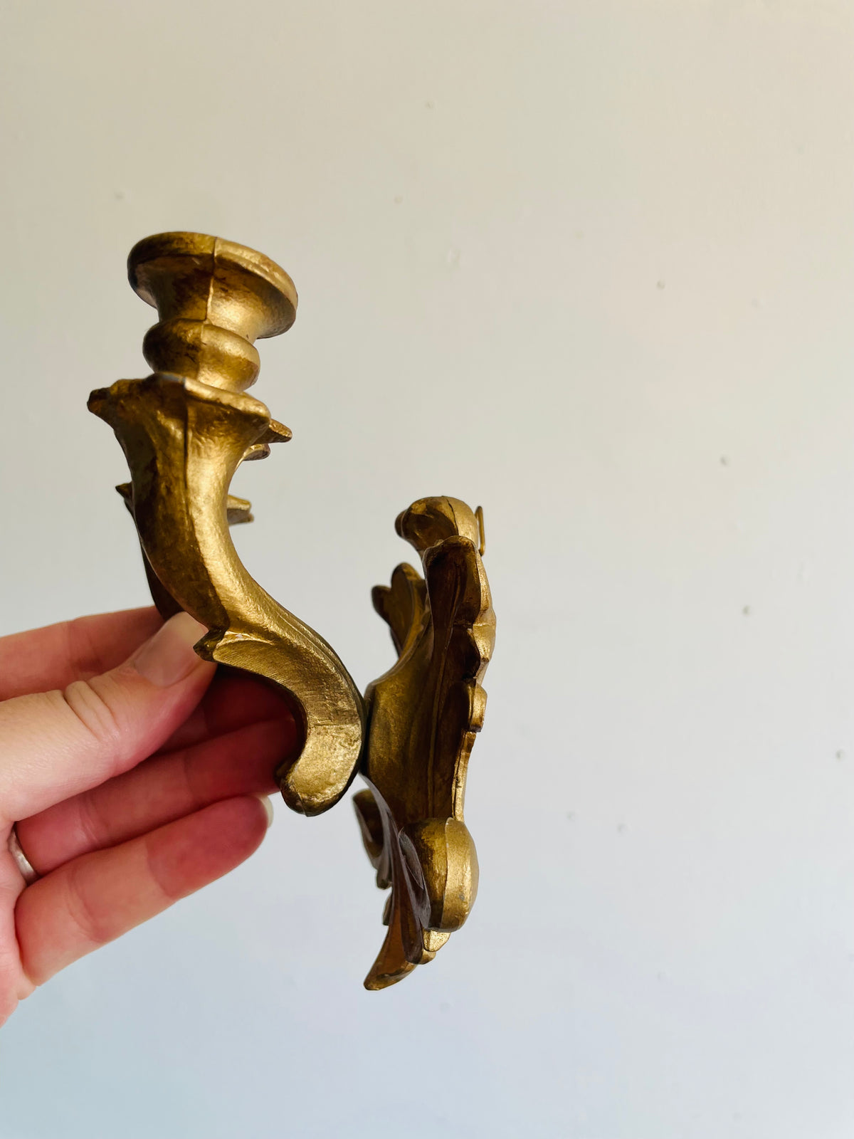Vintage Italian Double Skinny Taper Candle Holder Wall Hanging Sconces - Gold Rococo Louis XV Style - Set of 2 - Made in Italy