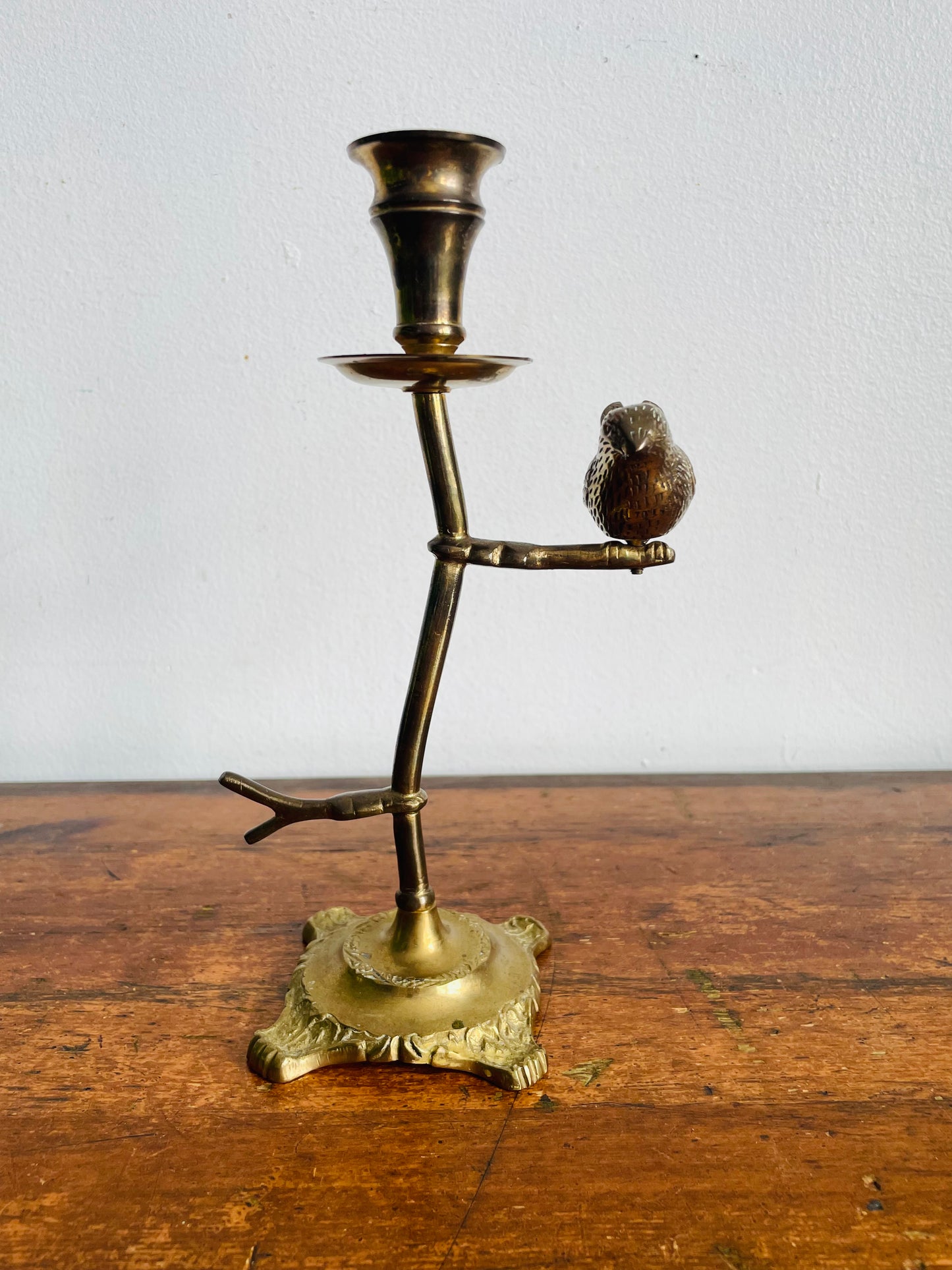 Vintage Solid & Heavy Brass Candle Holder with Branches & Perched Bird on Ornate Footed Base