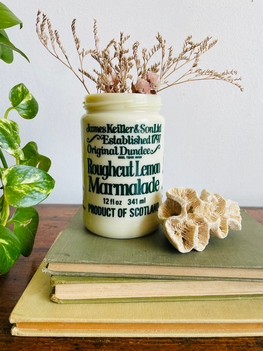 Vintage James Keiller & Son Ltd. Roughcut Lemon Marmalade Milk Glass Jar - Green Font In English & French for Canadian Distribution - Product of Scotland