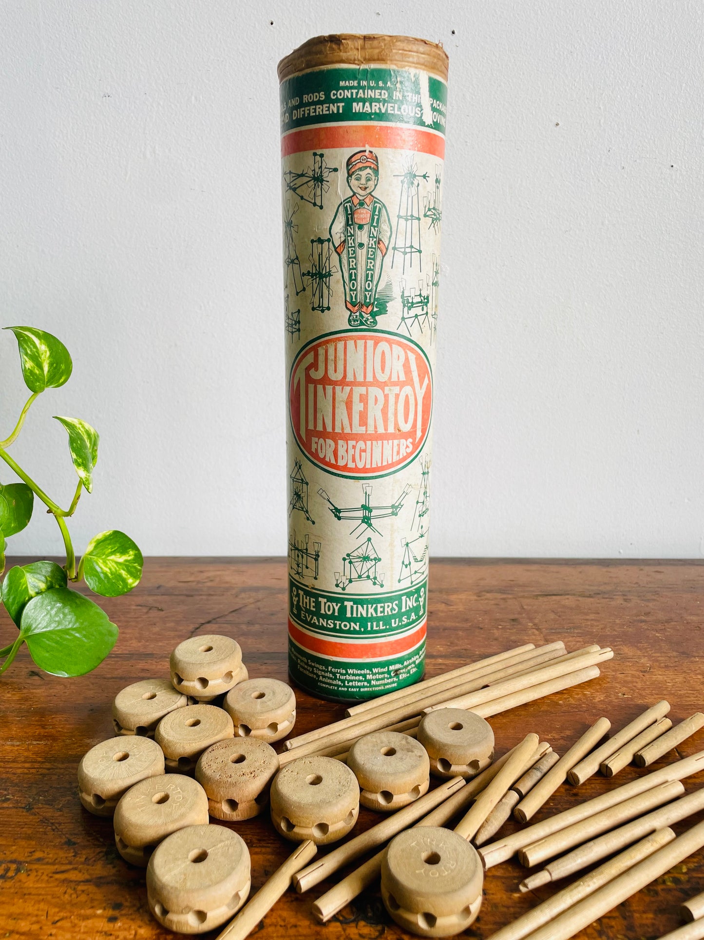 Vintage Junior Tinkertoy for Beginners Green Label Canister with Wood Building Blocks - Includes 42 Pieces