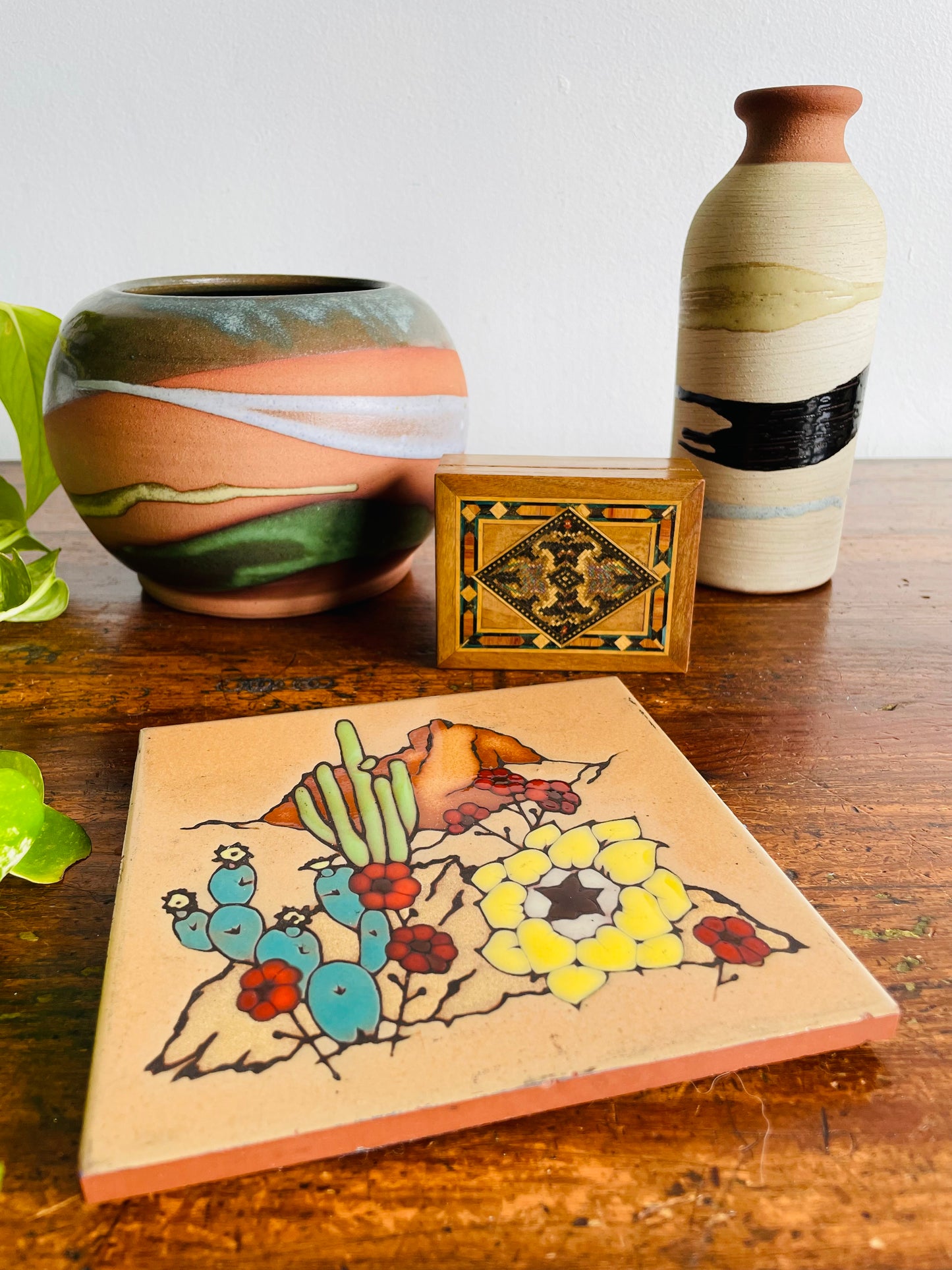 Masterworks Handcrafted Art Tile Trivet with Southwestern Desert Cactus Design