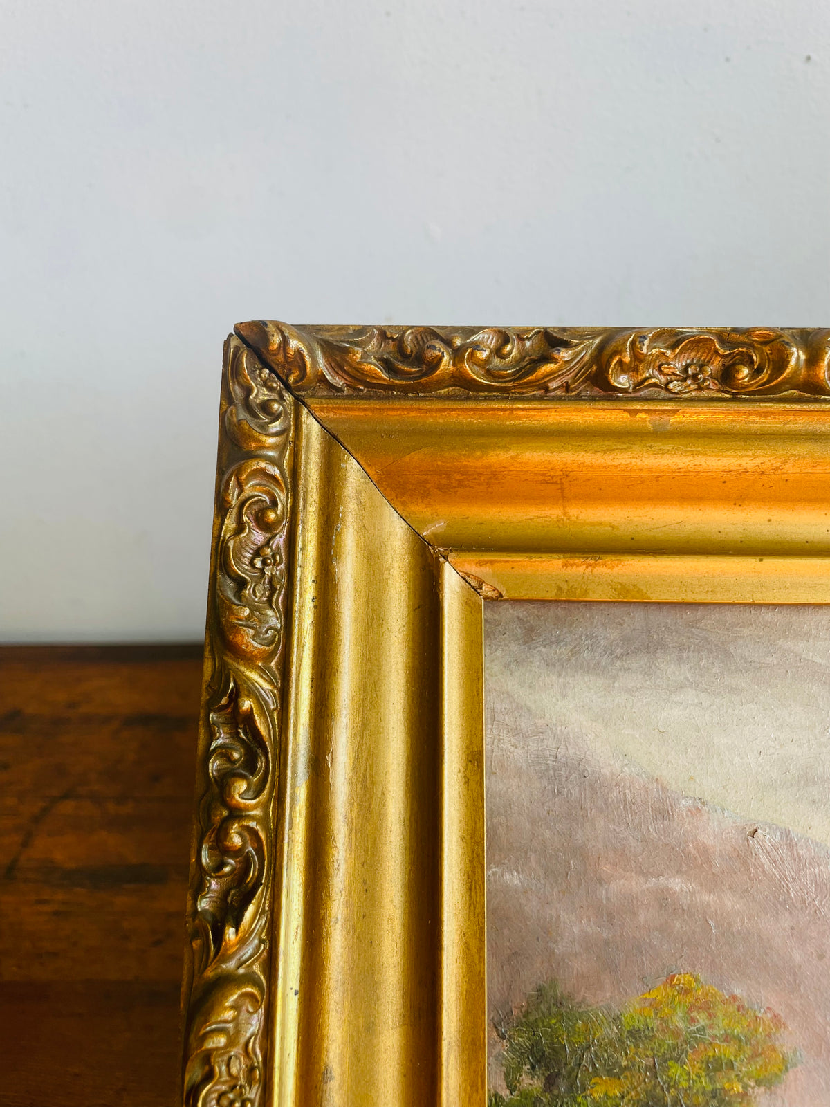Vintage Original Art Painting Picture in Ornate Gold Frame - Chillon Castle, Switzerland On Lake Geneva with Dents du Midi Alps Mountain Range in Background