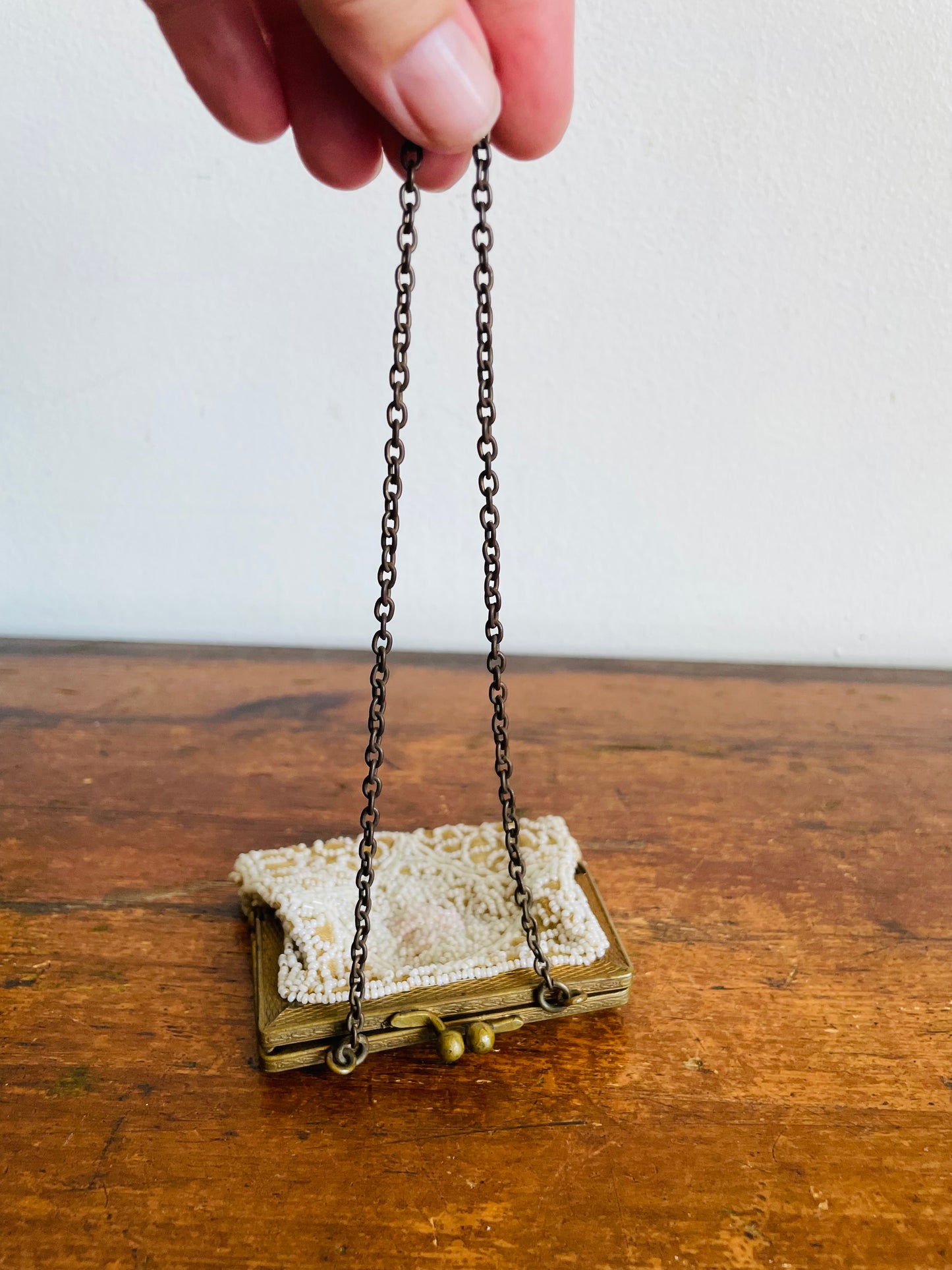 Antique Delicate & Dainty Hand Beaded Tiny Pouch Purse on Brass Chain