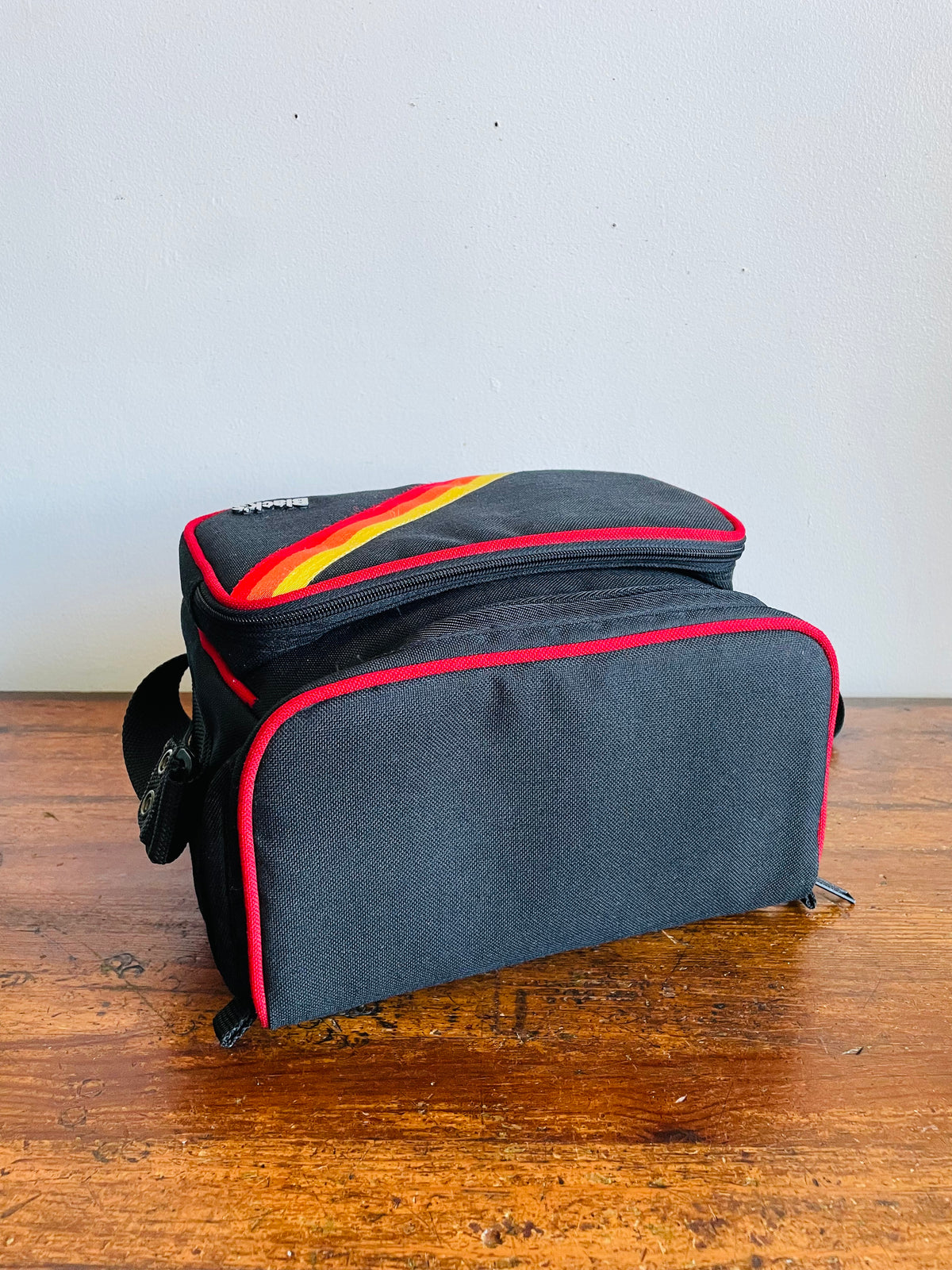 Vintage Black's Photography Camera Shoulder Bag Case with Yellow, Orange & Red Rainbow Stripe Design & Multiple Pockets - Made in Taiwan