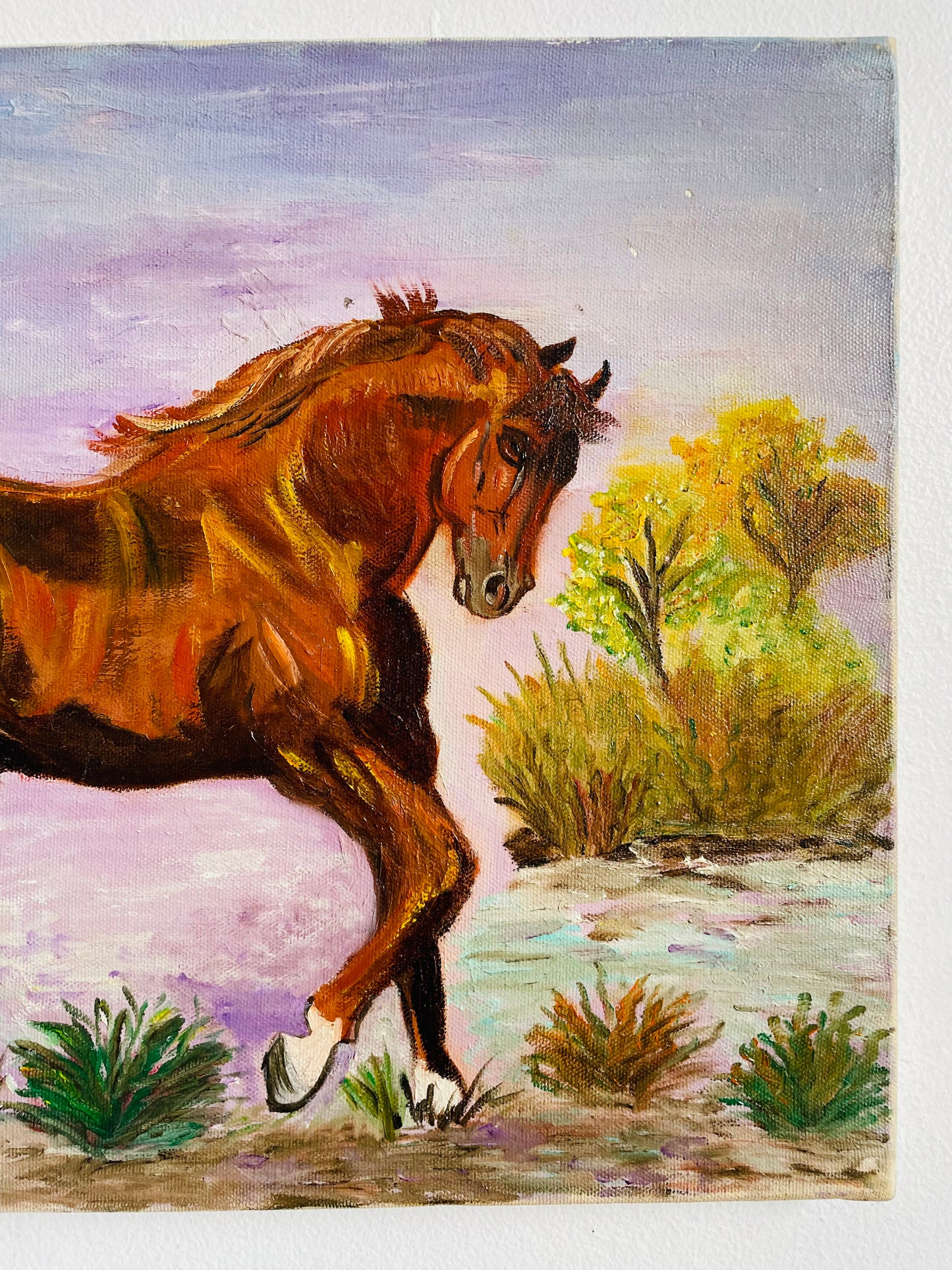 Vintage 1995 Original Art Painting Equestrian Picture of Prancing Brown Horse with Purple Sky - Artist Signed