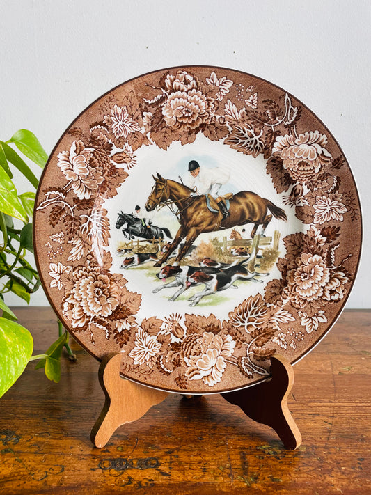 Vintage Wood & Sons Alpine White Ironstone Plate with Brown Flowers, Equestrian / Horse Riders & Dog Design - Made in England