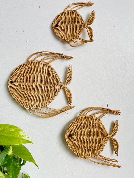 Vintage Trio of Wicker School of Fish - Wall Hanging Decor - Set of 3
