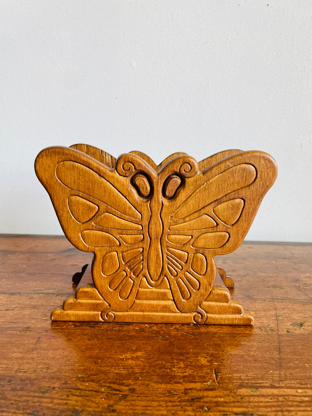 Vintage Carved Wood Butterfly Napkin Holder or Letter / Mail Organizer