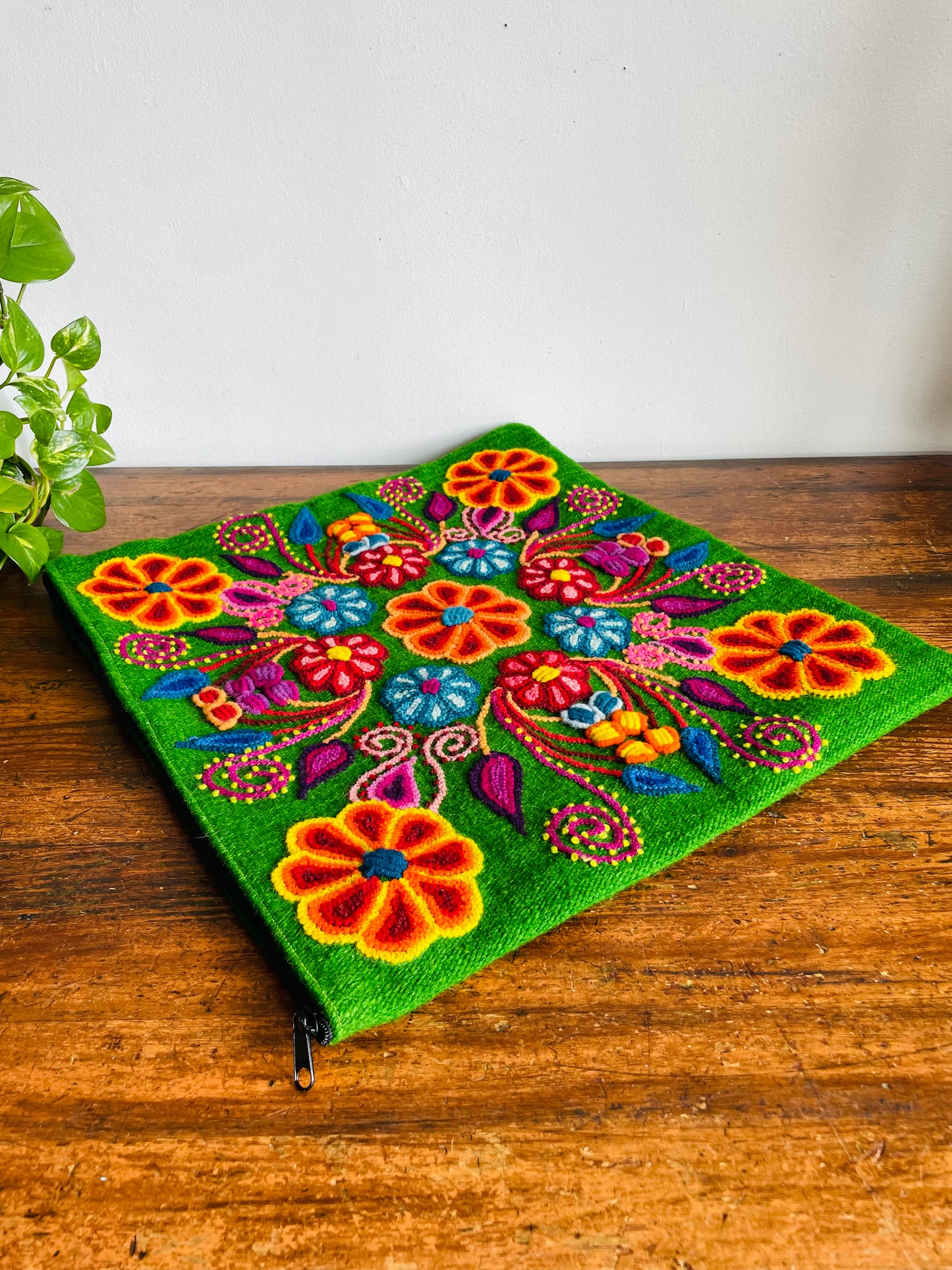 Vintage Green Zippered Wool Pillowcase Throw Pillow Cushion Cover with Fun & Bright Embroidered Folk Art Flower Design - Whimsical Decor