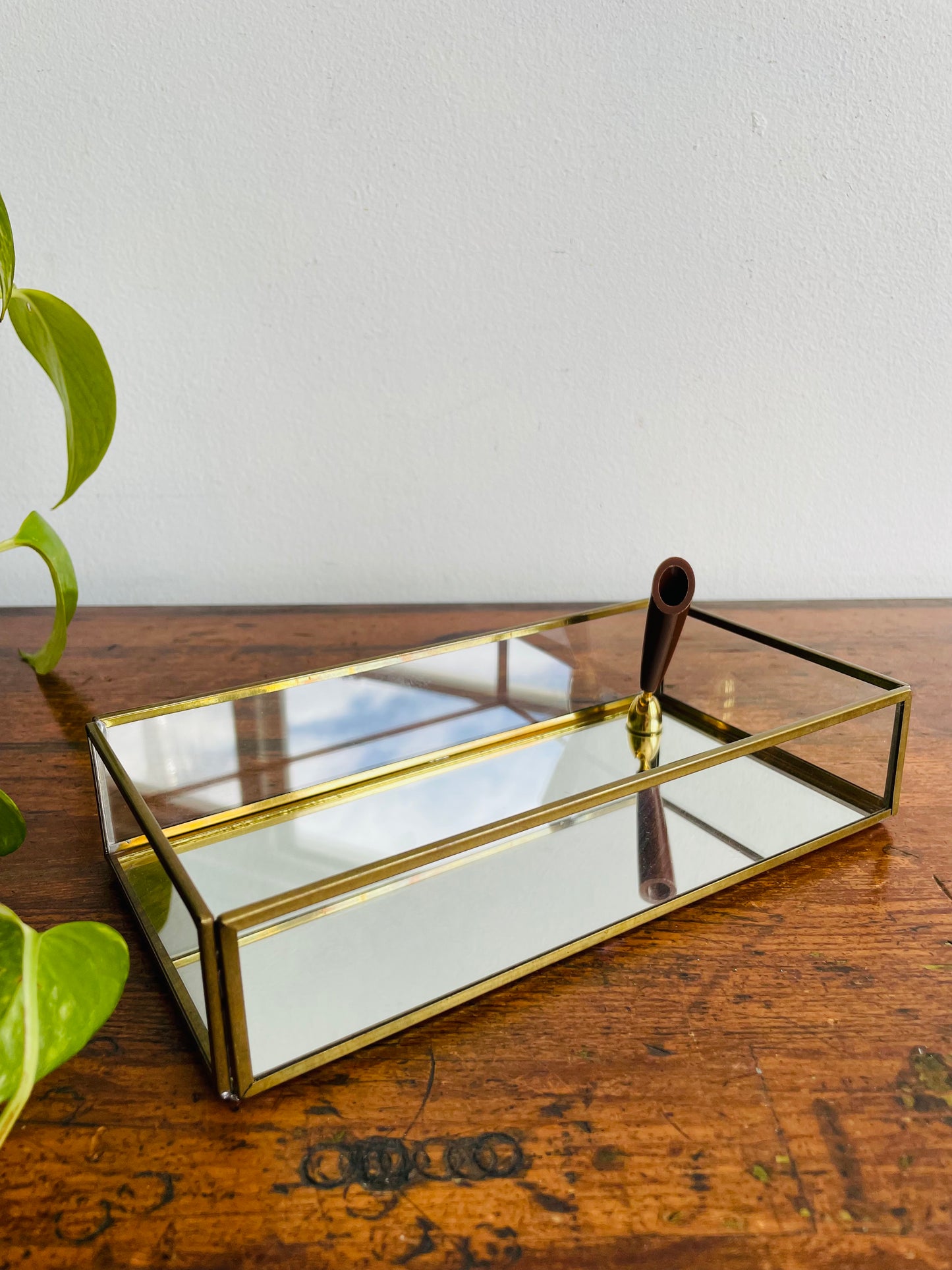 Brass Mirrored Box with Pen Holder - Great for Business Cards, Office Supplies, Etc.