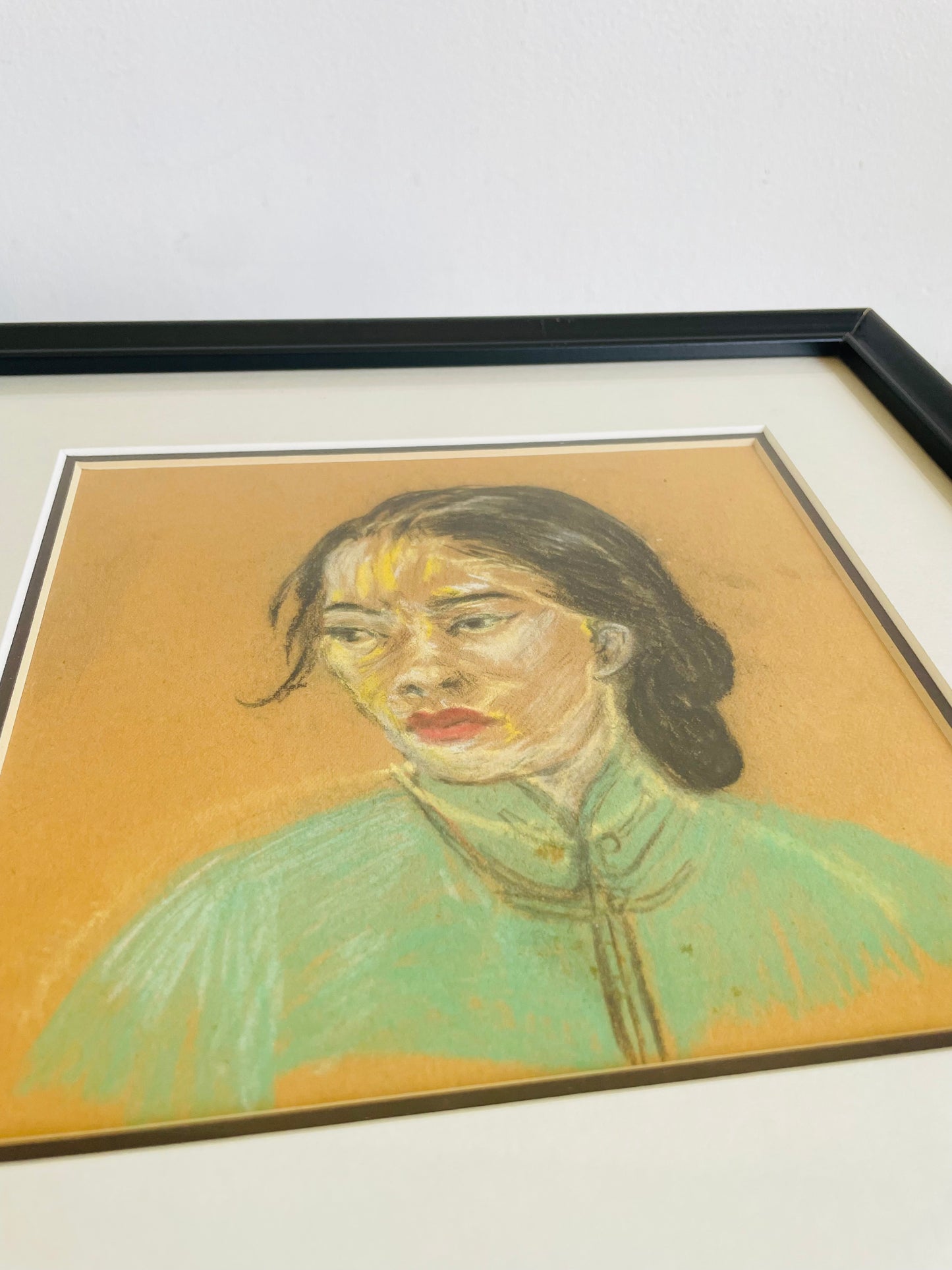 Vintage Original Art Pastel Chalk Portrait Picture of Woman in Turquoise Cheongsam Dress - Purchased from Son of the Artist in Haliburton, ON
