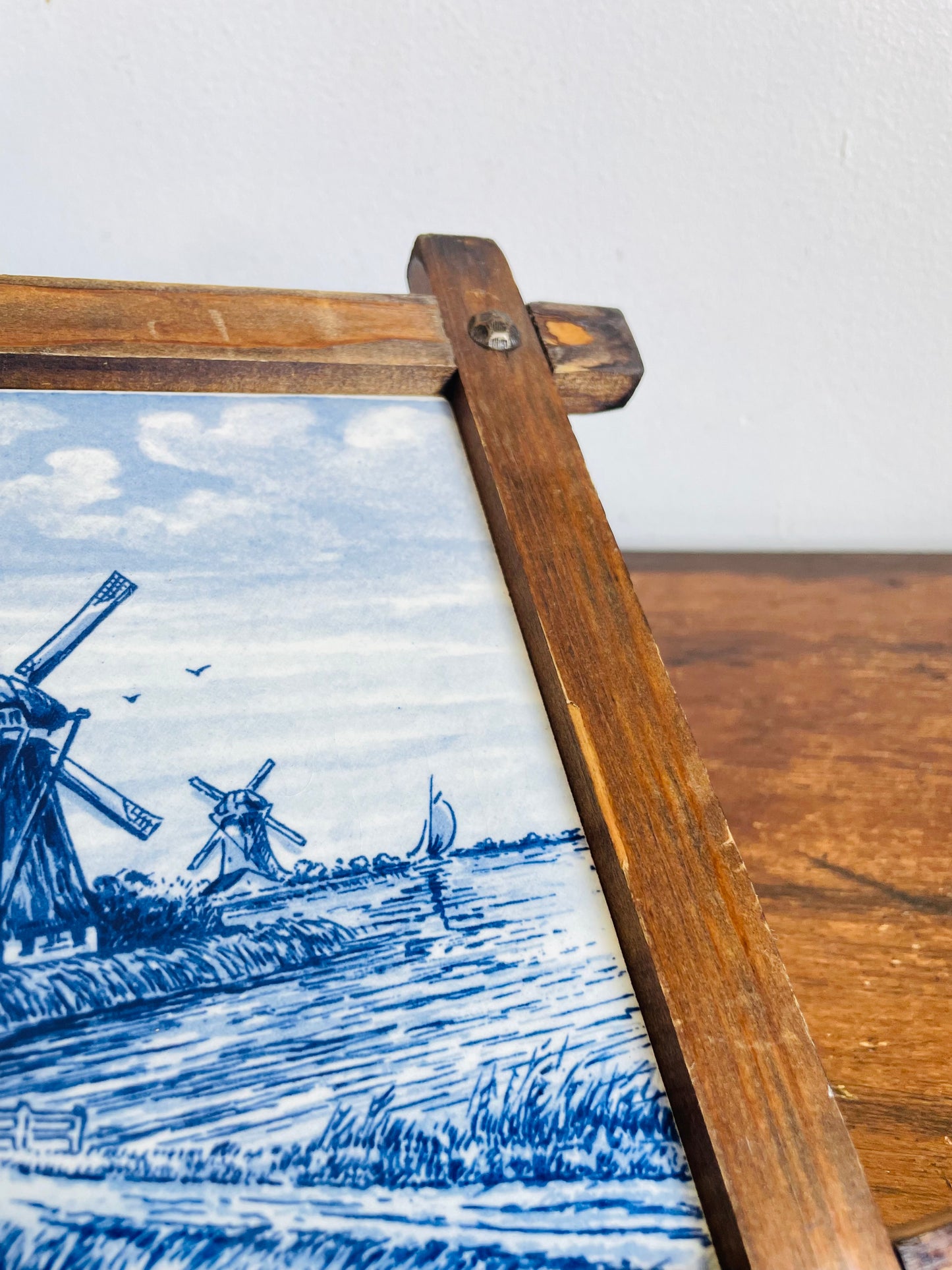Vintage Delft Blue Hand-Painted Dutch Windmill Scene Wall Hanging Tile in Wood Frame - Made in Holland