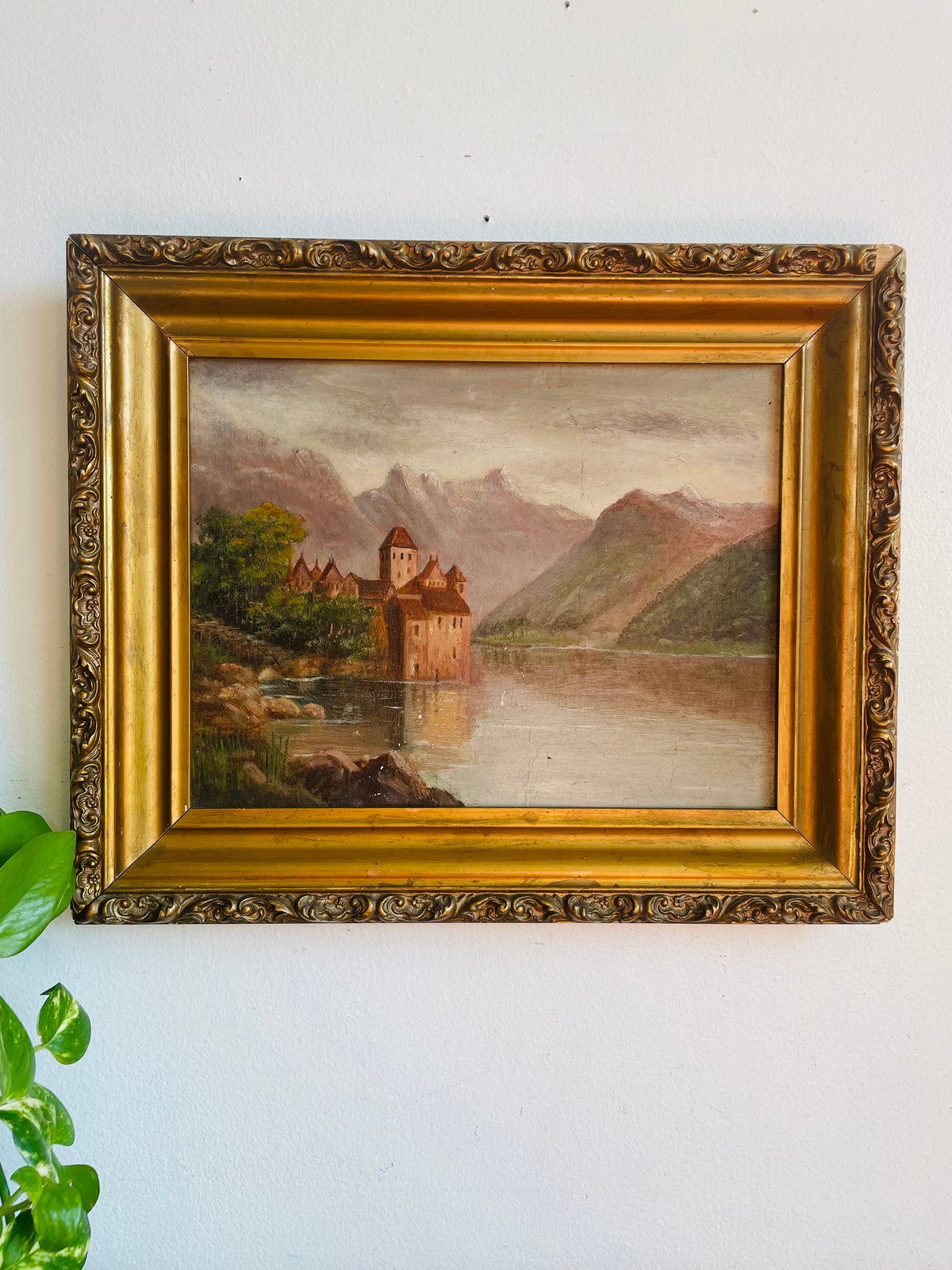Vintage Original Art Painting Picture in Ornate Gold Frame - Chillon Castle, Switzerland On Lake Geneva with Dents du Midi Alps Mountain Range in Background