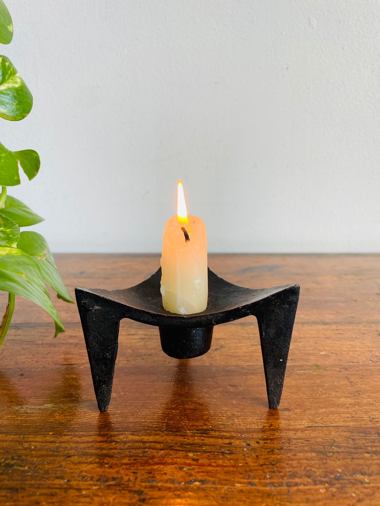 Vintage Mid-Century Modern Scandinavian Style Tripod Black Cast Iron Candle Holder