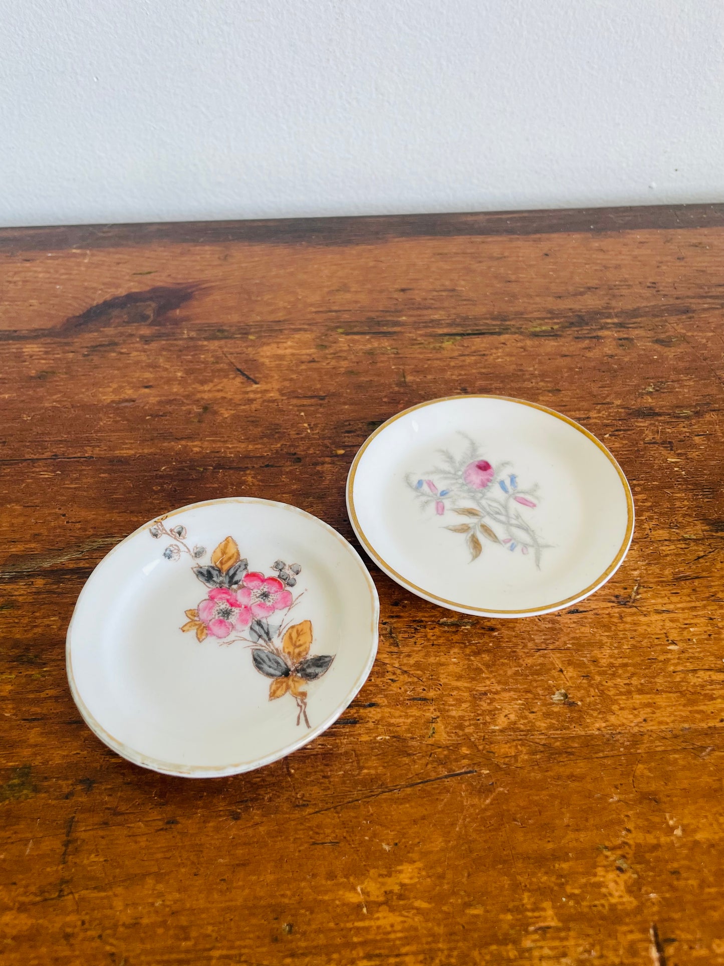 Vintage Miniature White Butter Pat Dishes with Floral Designs - Set of 2