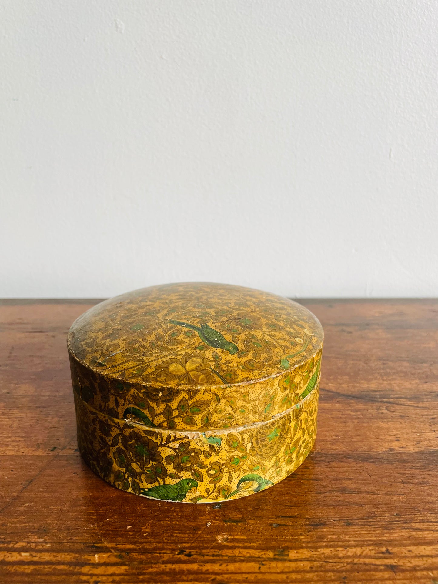 Round Paper Mache Trinket Box with Lid & Beautiful Leaf, Flower, & Bird Design