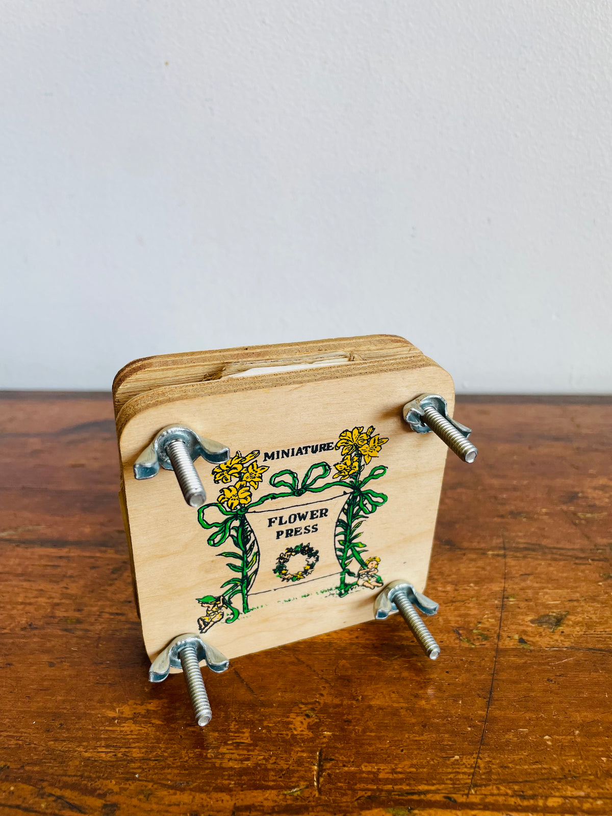 Vintage Miniature Wood Flower Press with Wing Butterfly Screws - Made in Taiwan - 3.5" x 3.5"
