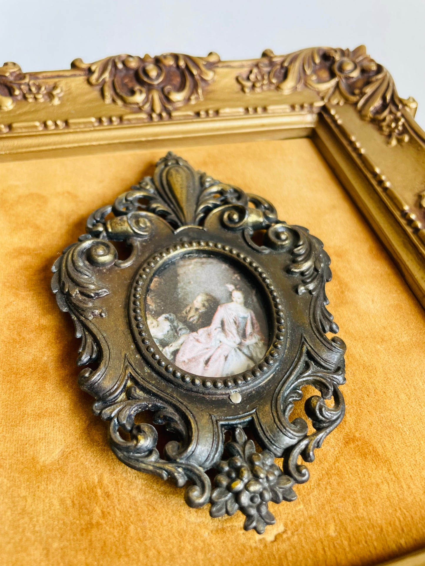 Vintage Ornate Gold, Brass & Mustard Yellow Felt Picture with Print Picture of Baroque Style Women in Dresses