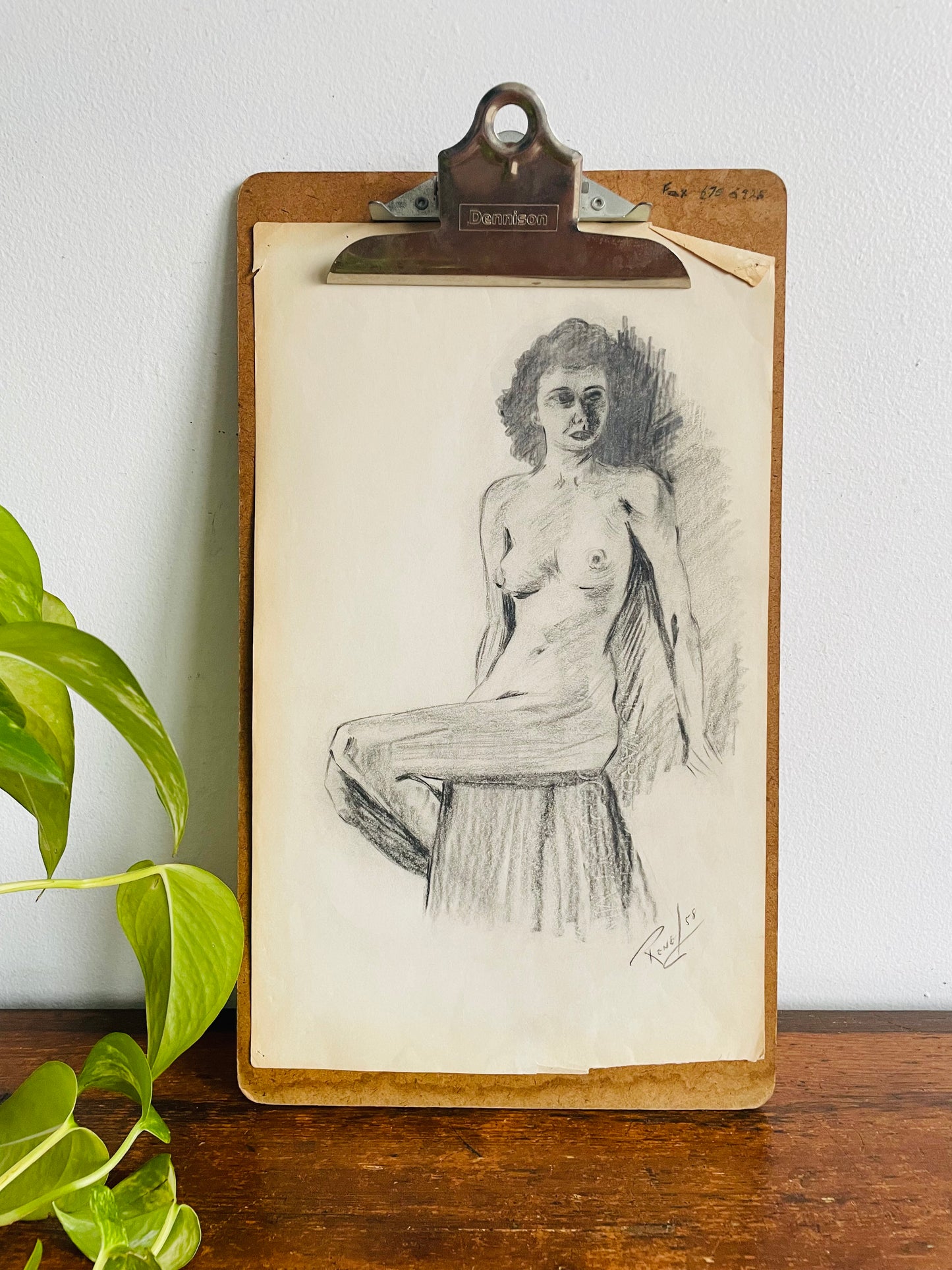 1958 Original Art Academic Nude Portrait Study Sketch on Paper of Woman - Signed Rene