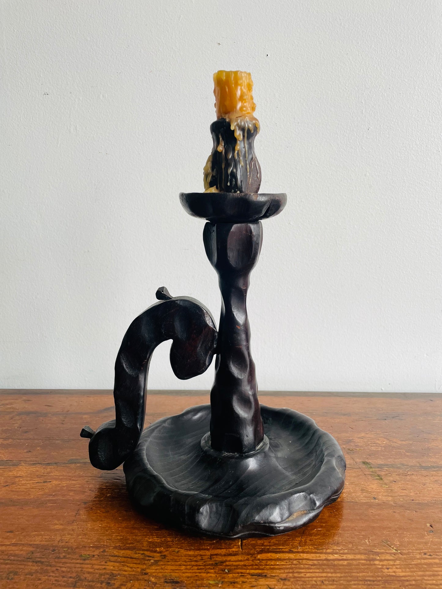 Large Wood Brutalist Spanish Revival Gothic Castlecore Style Chamberstick Candle Holder with Dripping Candle