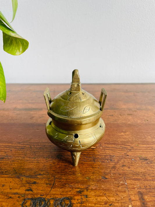 Chinese Etched Brass Footed Incense Burner with Lid & Handles