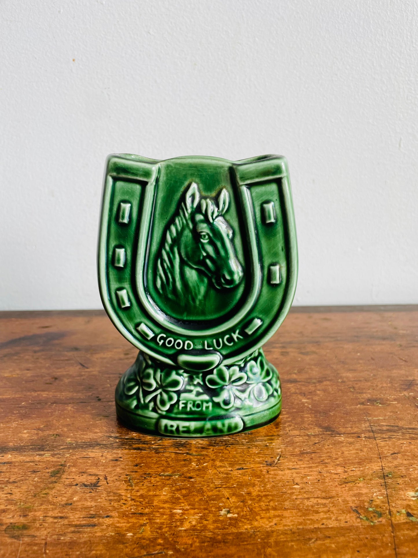 Vintage Green Sylvac 4110 Good Luck From Ireland Vase, Match, or Incense Holder with Horseshoe Horse Equestrian Design #1 - Made in England