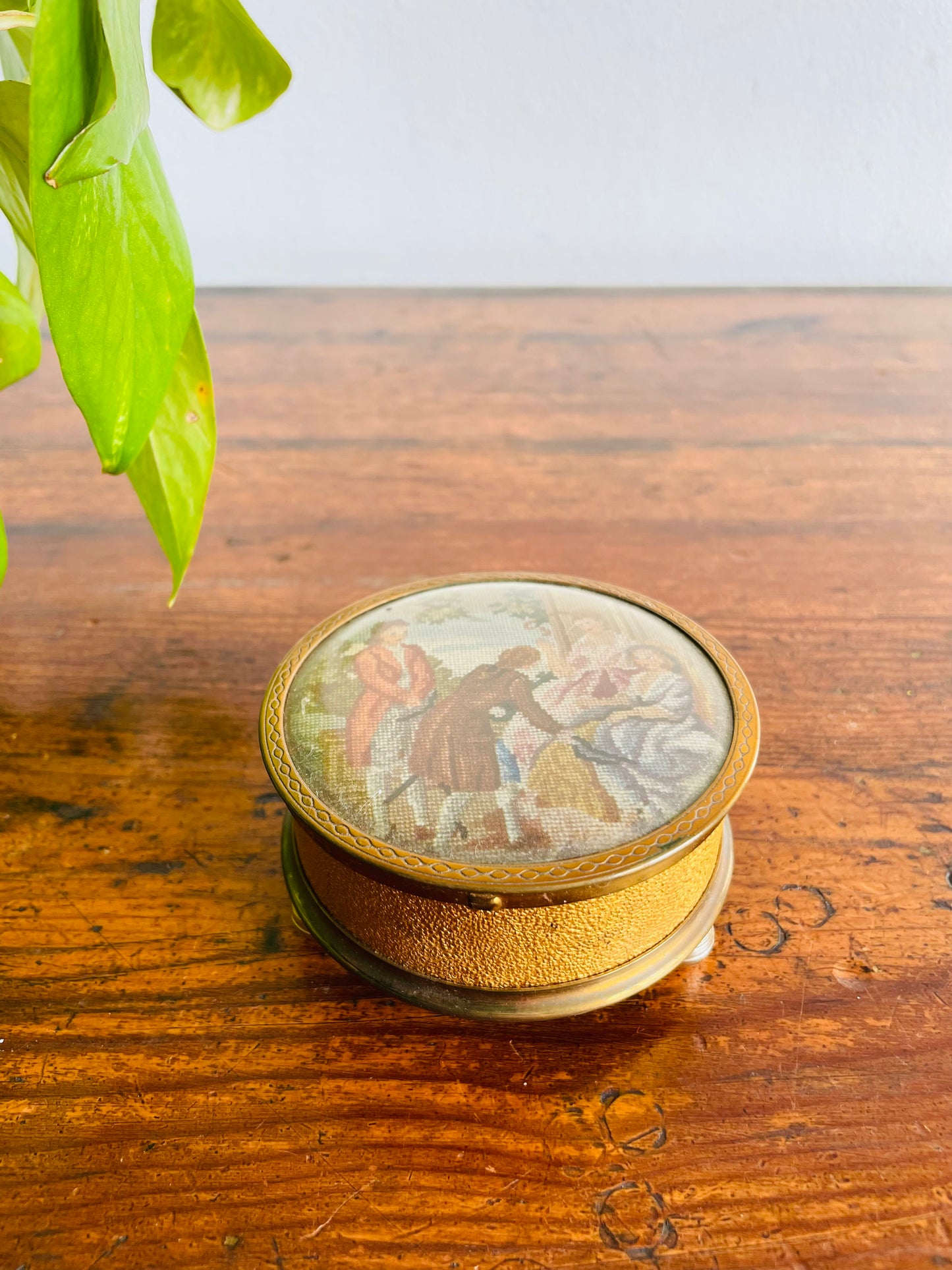 Footed Petit Point Embroidery Round Brass Trinket or Jewellery Box with Mirror Inside